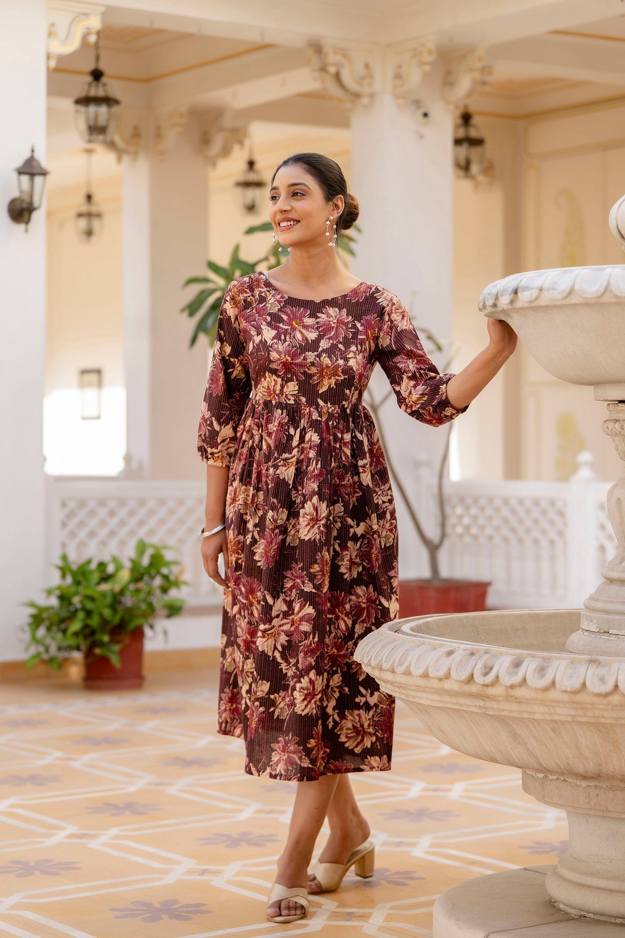 Women Burgundy Printed Flared Dress