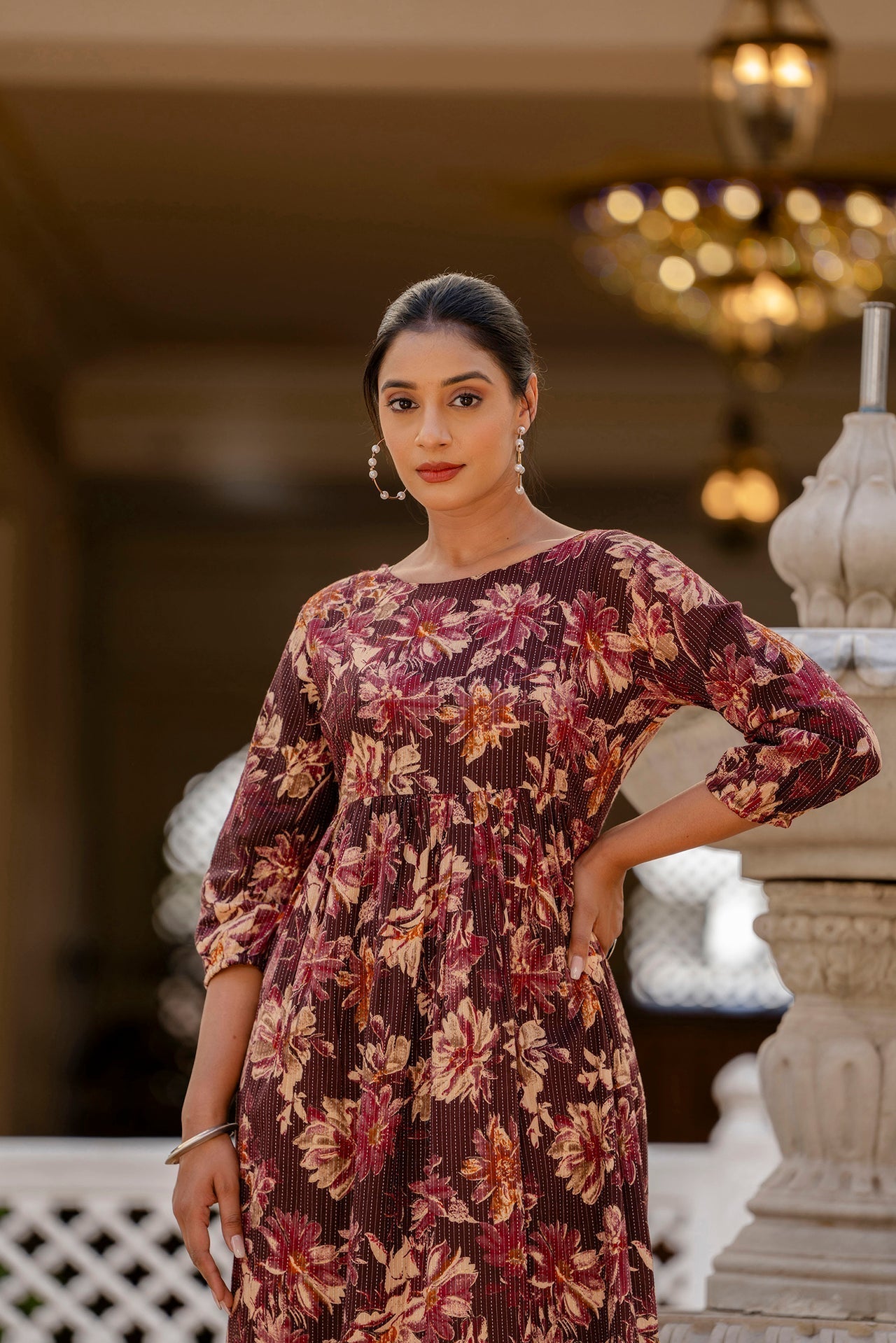 Women Burgundy Printed Flared Dress