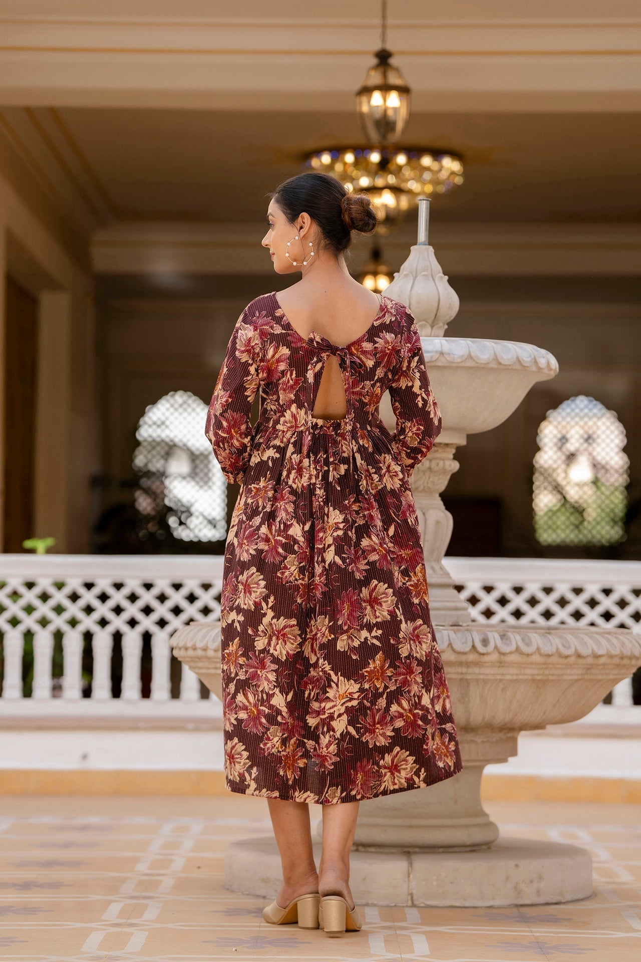 Women Burgundy Printed Flared Dress