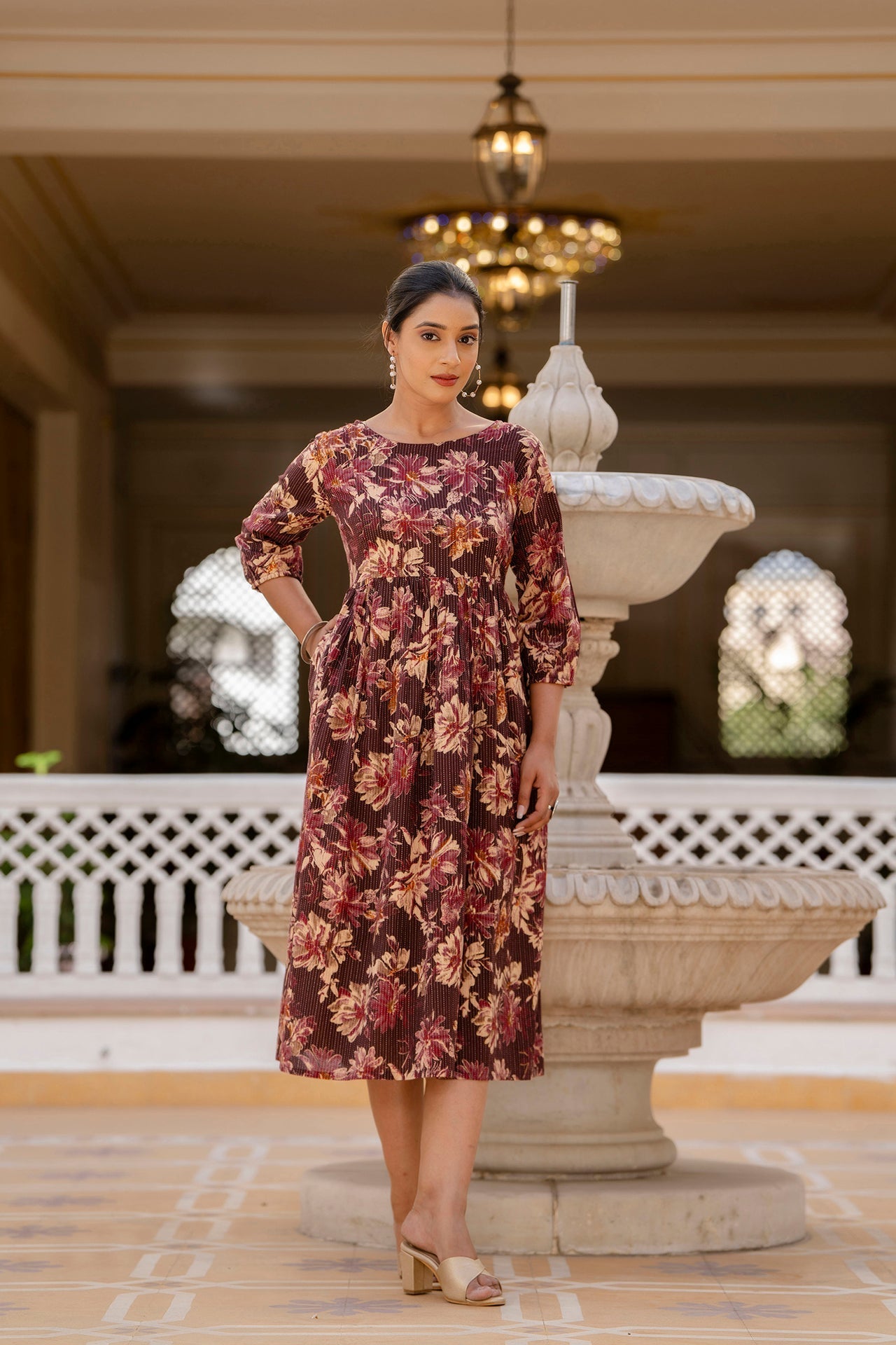 Women Burgundy Printed Flared Dress