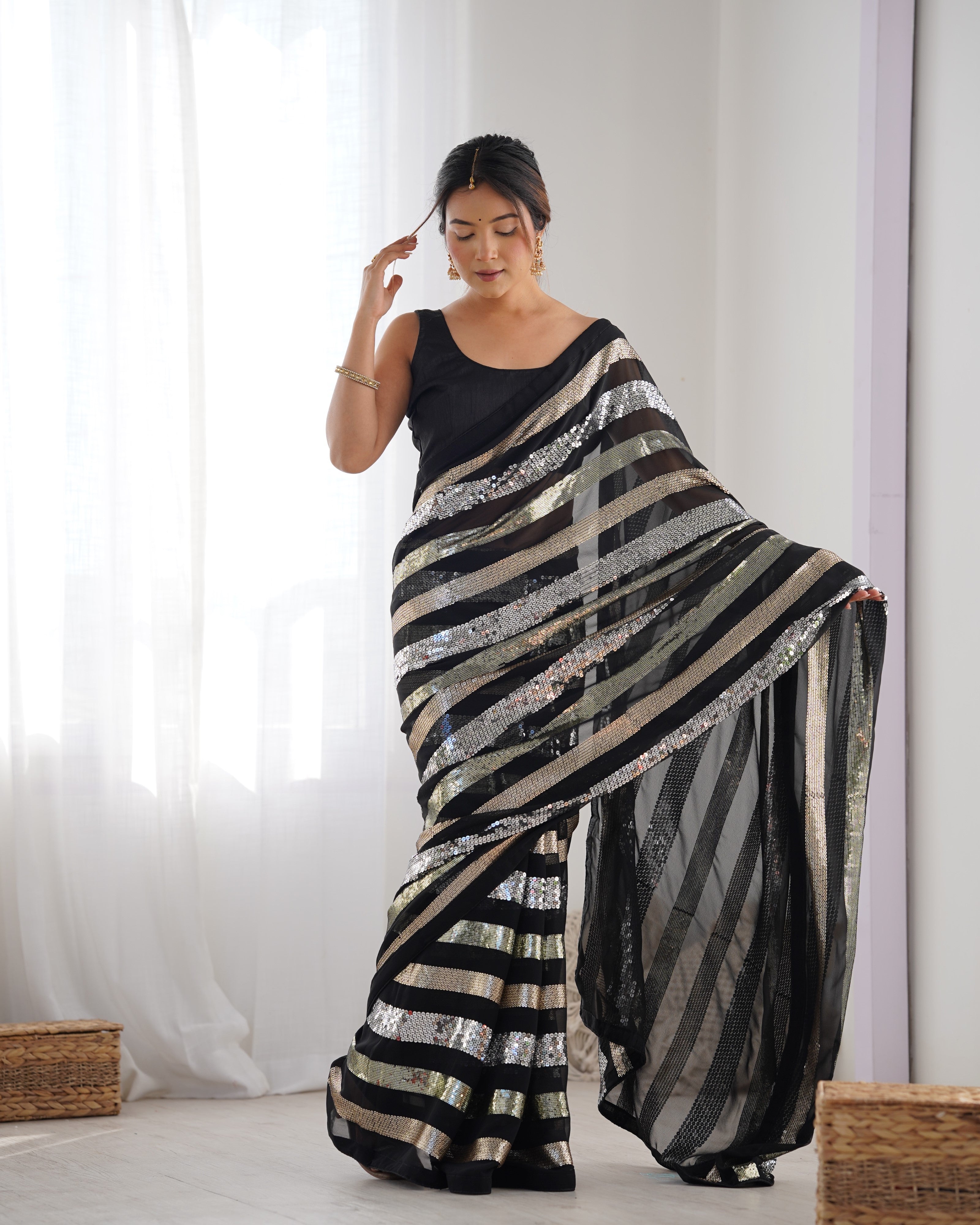 Solid Embroidered Striped Sequinned Saree For Women