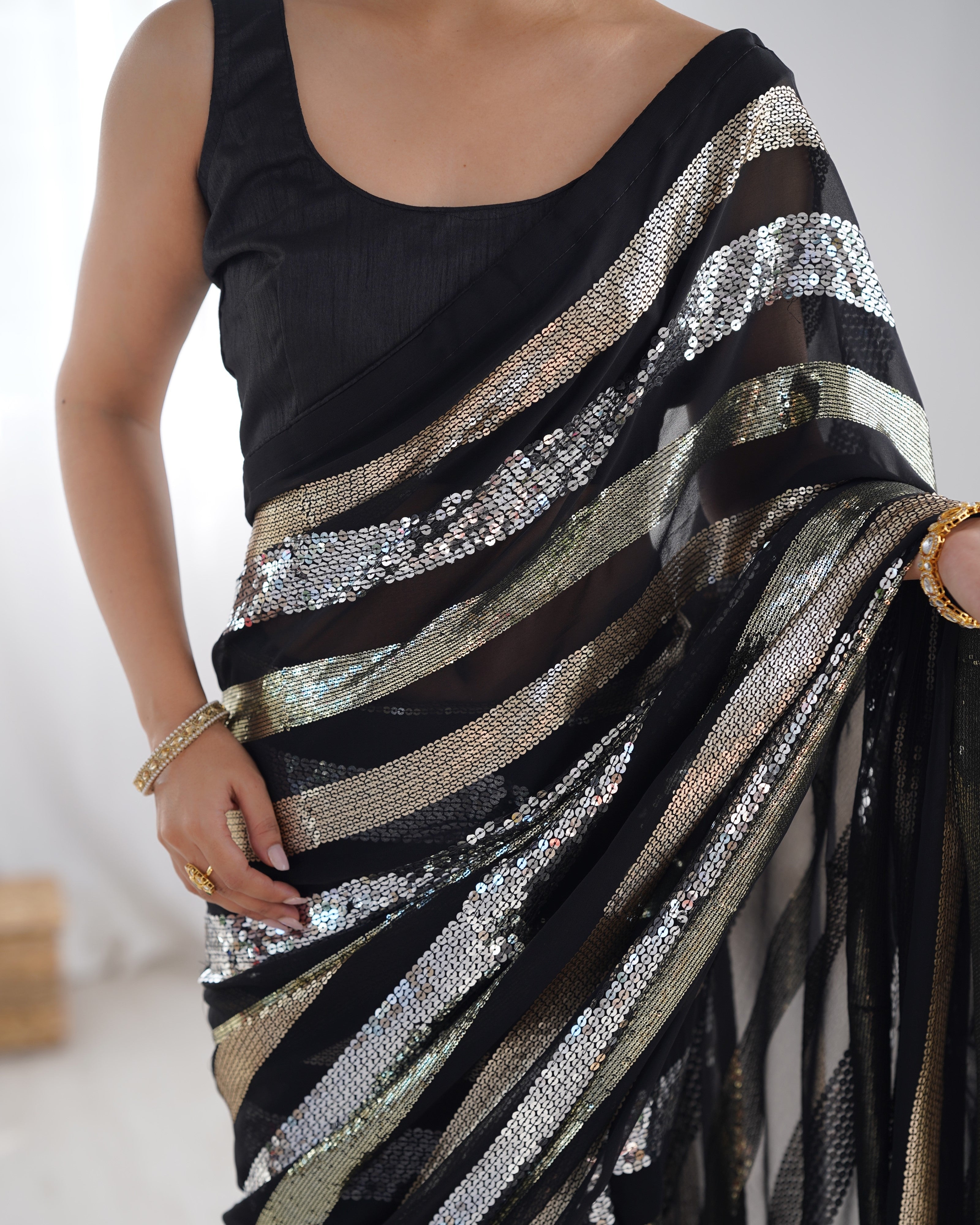 Solid Embroidered Striped Sequinned Saree For Women