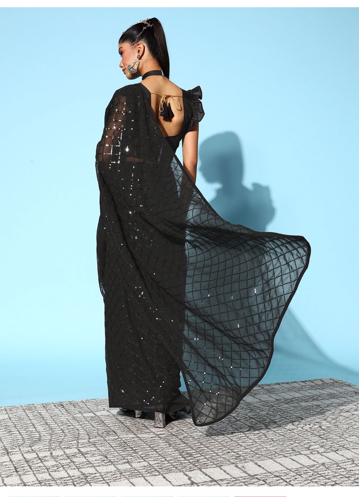 Solid Embellished Sequinned Pure Georgette Saree