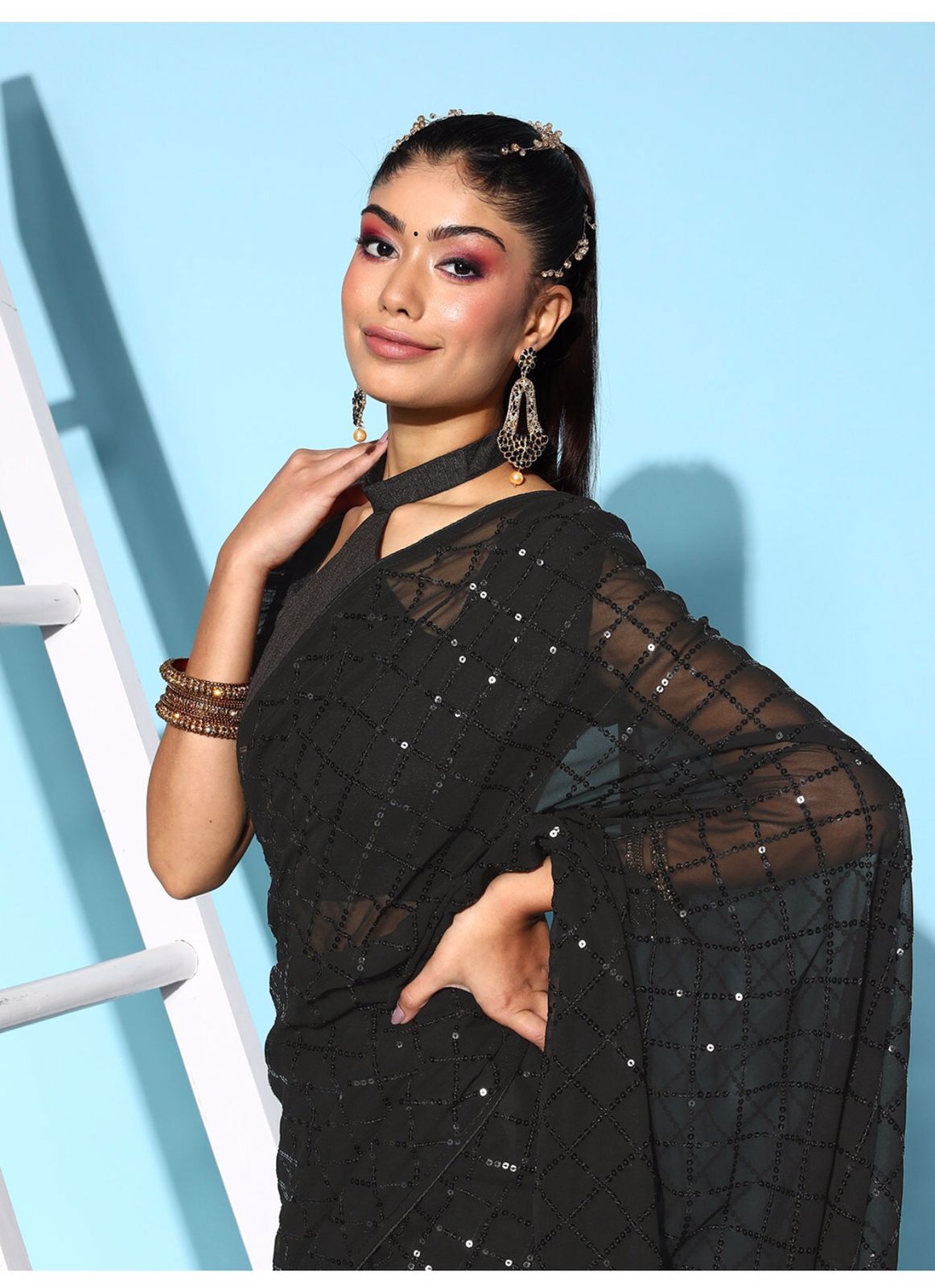Solid Embellished Sequinned Pure Georgette Saree