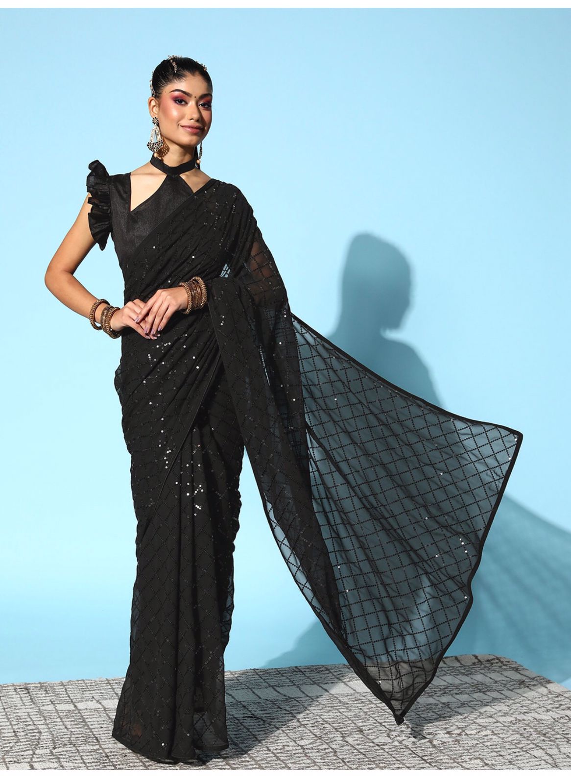 Solid Embellished Sequinned Pure Georgette Saree