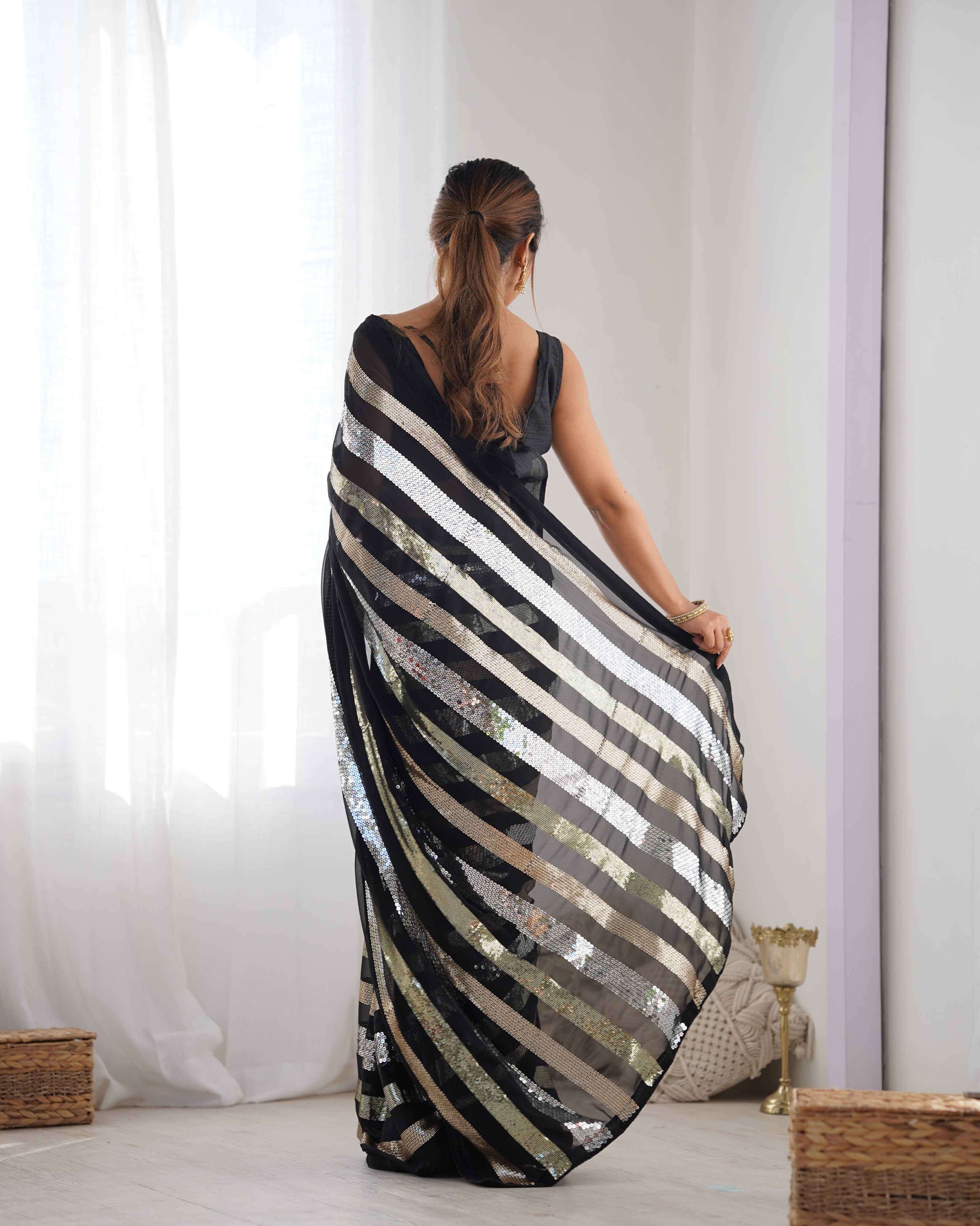 Solid Embroidered Striped Sequinned Saree For Women