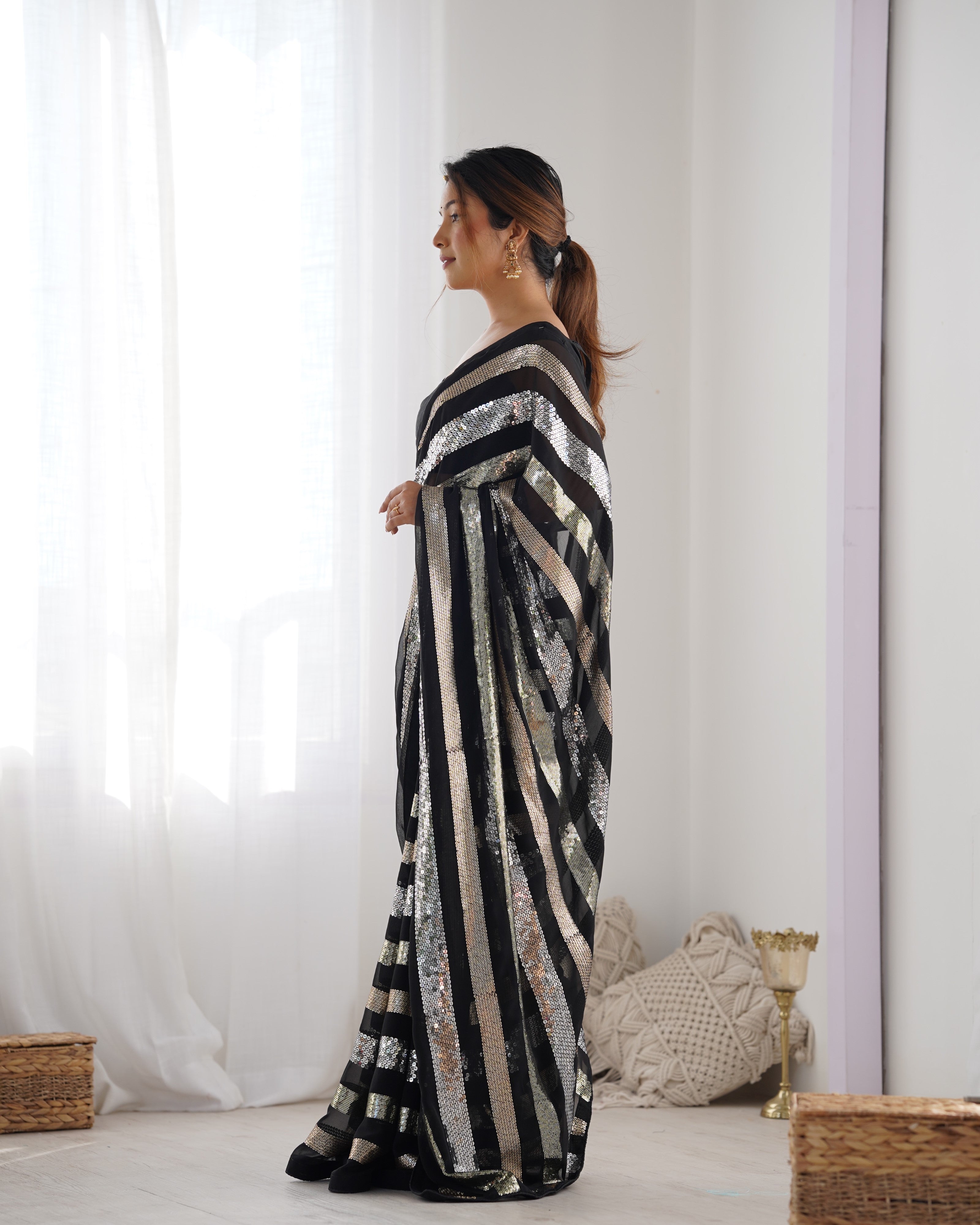 Solid Embroidered Striped Sequinned Saree For Women