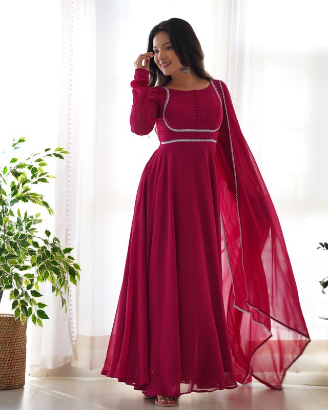 Pink Georgette Anarkali Gown Dupatta Set With Pant Ready to Wear