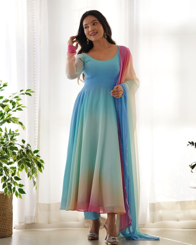 Women Pure Soft Georgette Padding Fabric Fully Flair Anarkali Pant With Dupatta Set