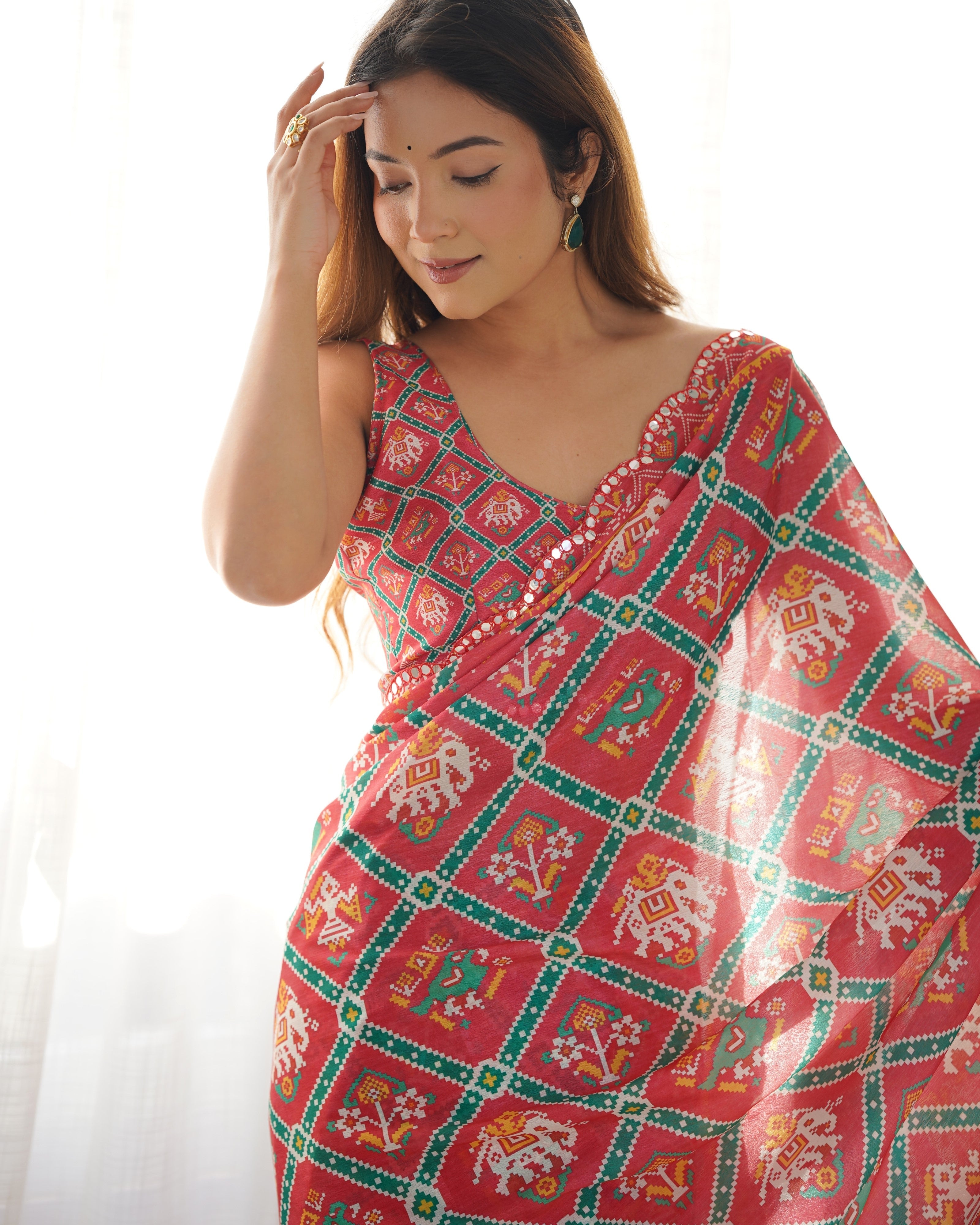 Digital Print With Beautiful Kutchi Work Mirror Lace Border Saree For Women