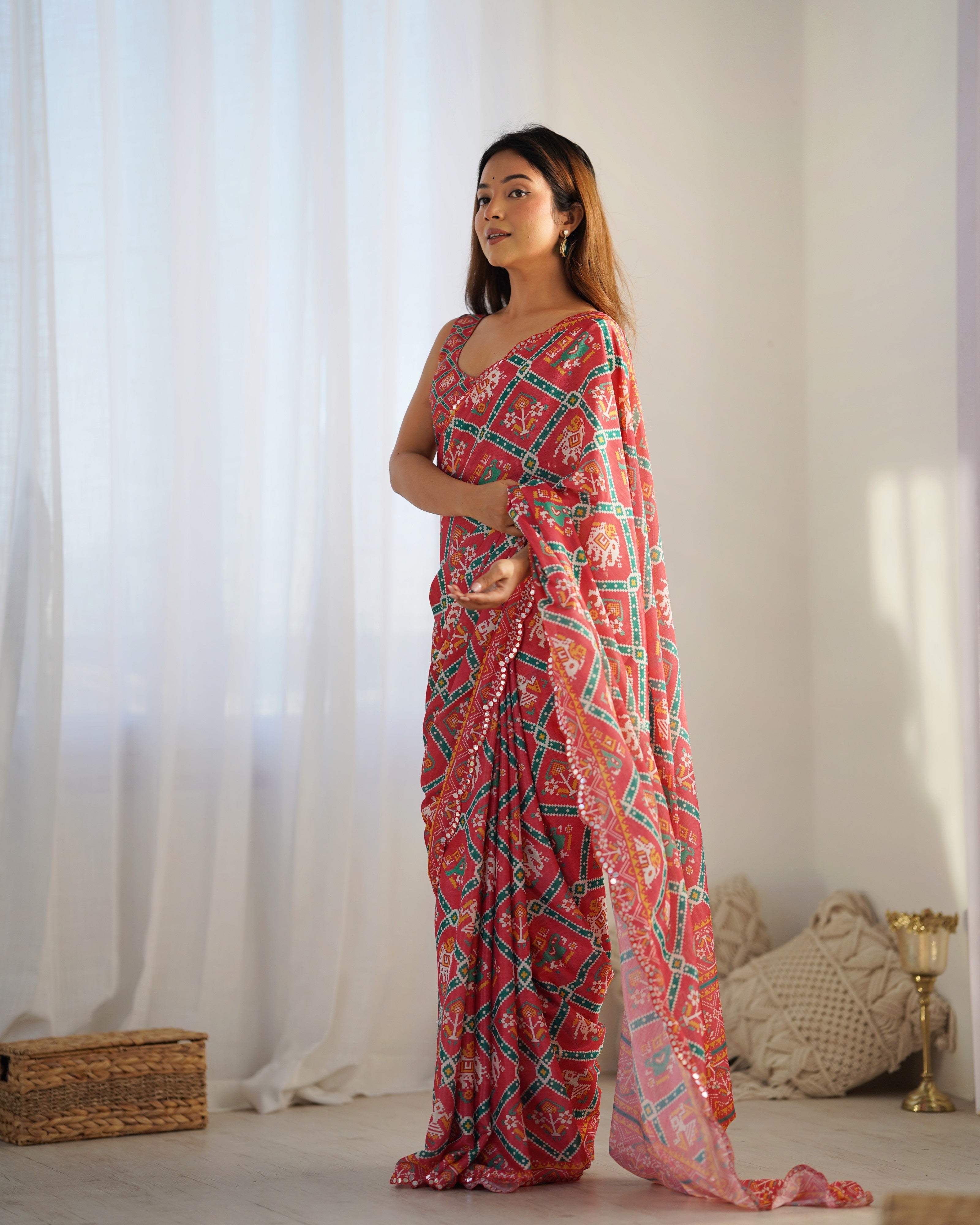 Digital Print With Beautiful Kutchi Work Mirror Lace Border Saree For Women