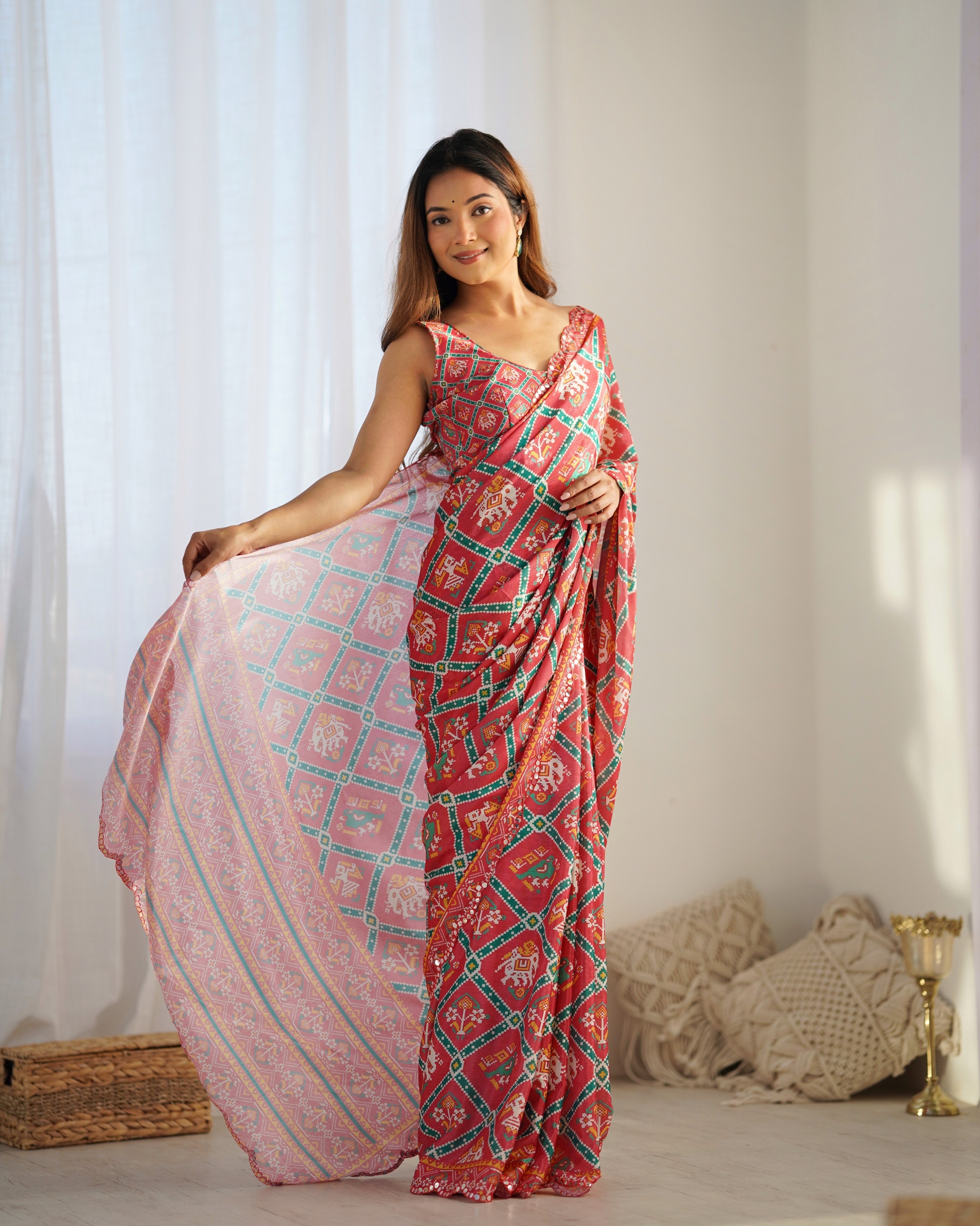 Digital Print With Beautiful Kutchi Work Mirror Lace Border Saree For Women