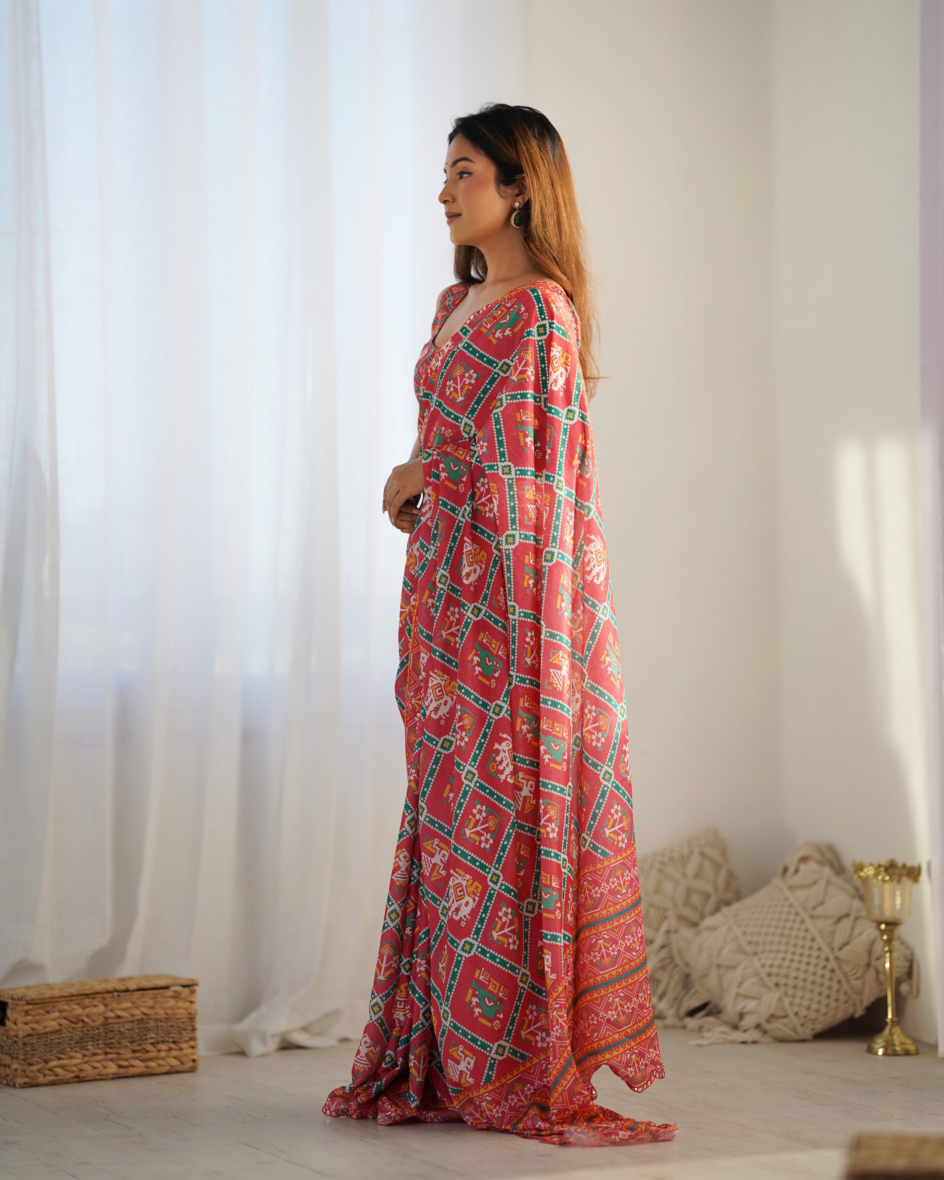 Digital Print With Beautiful Kutchi Work Mirror Lace Border Saree For Women
