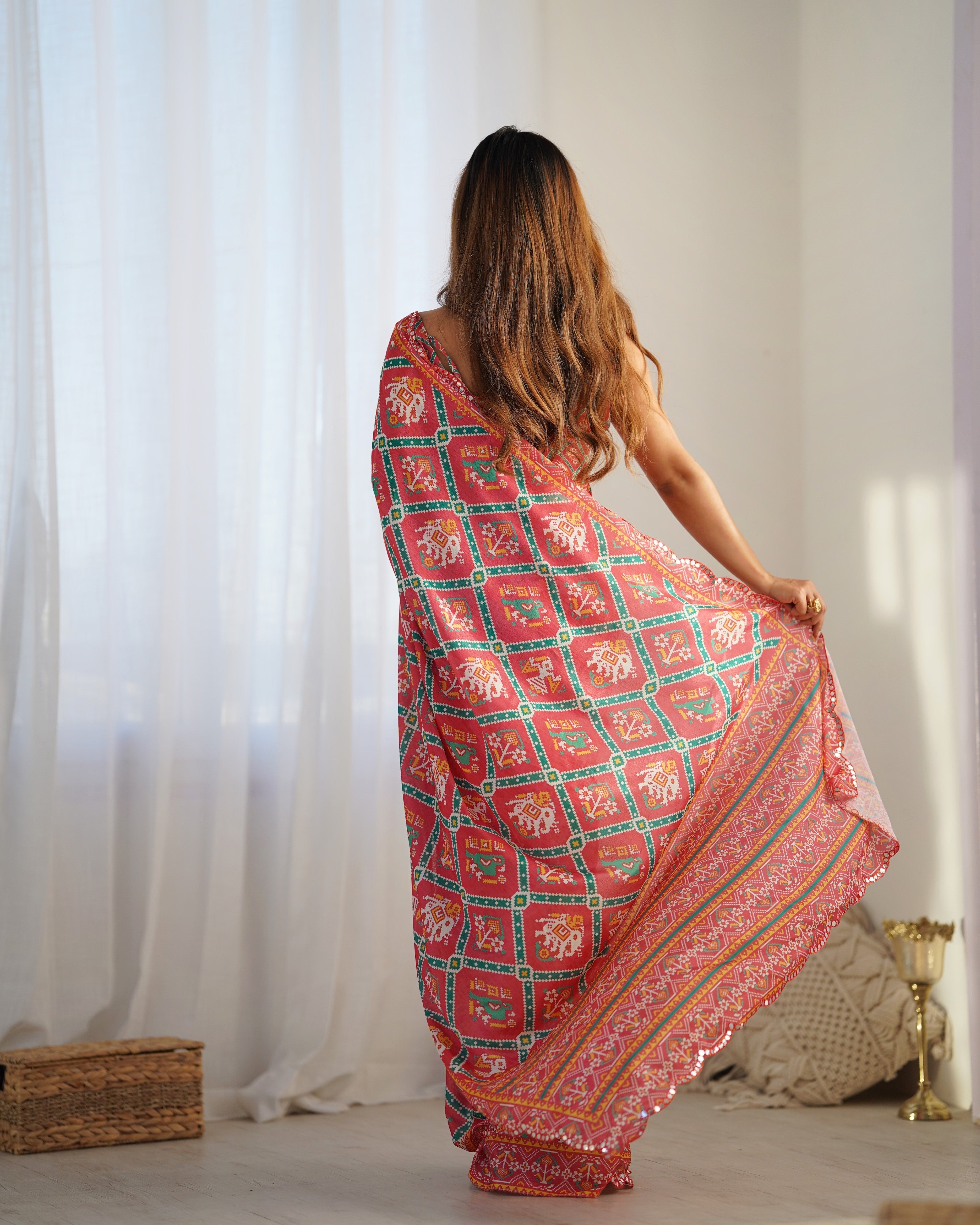 Digital Print With Beautiful Kutchi Work Mirror Lace Border Saree For Women
