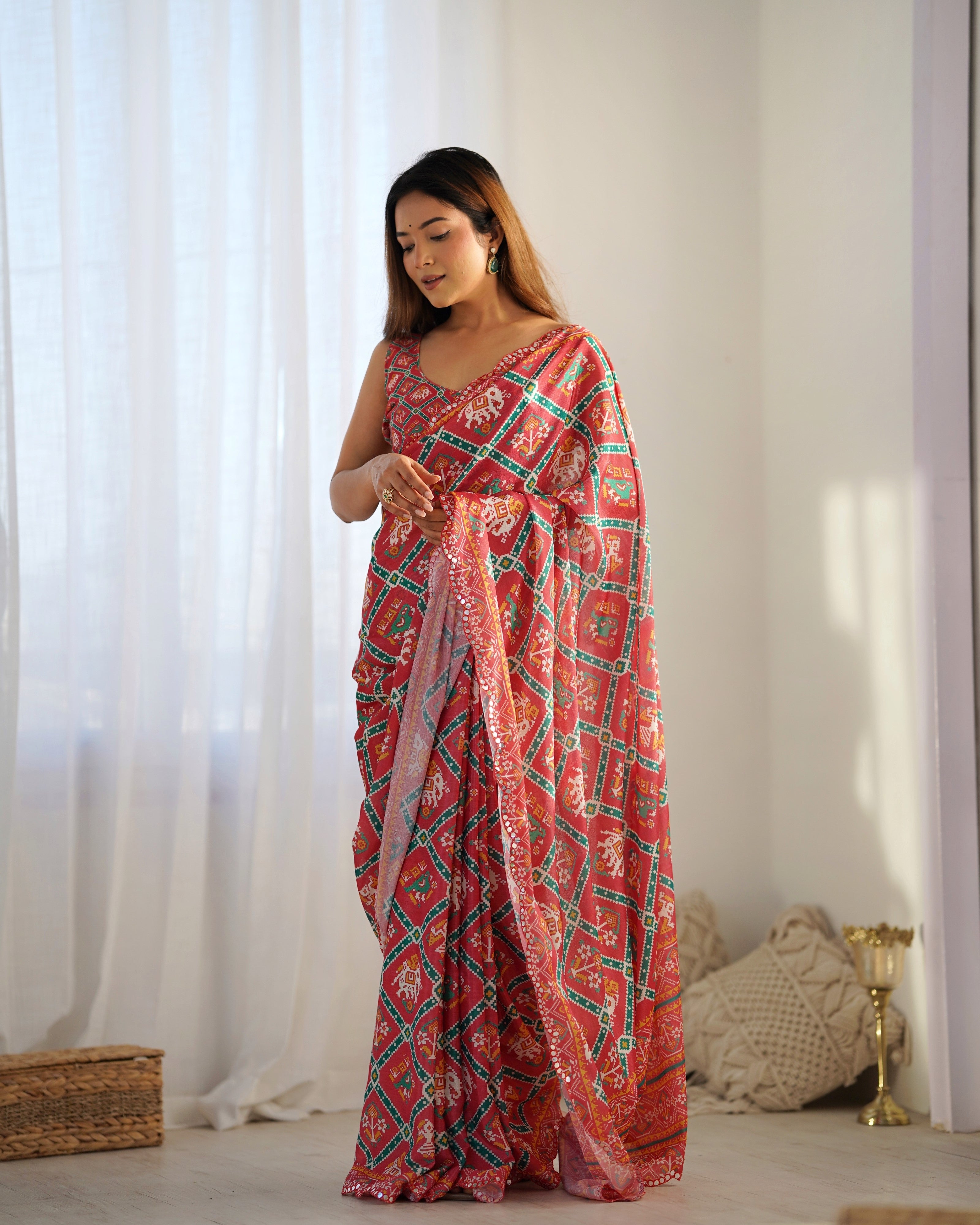 Digital Print With Beautiful Kutchi Work Mirror Lace Border Saree For Women