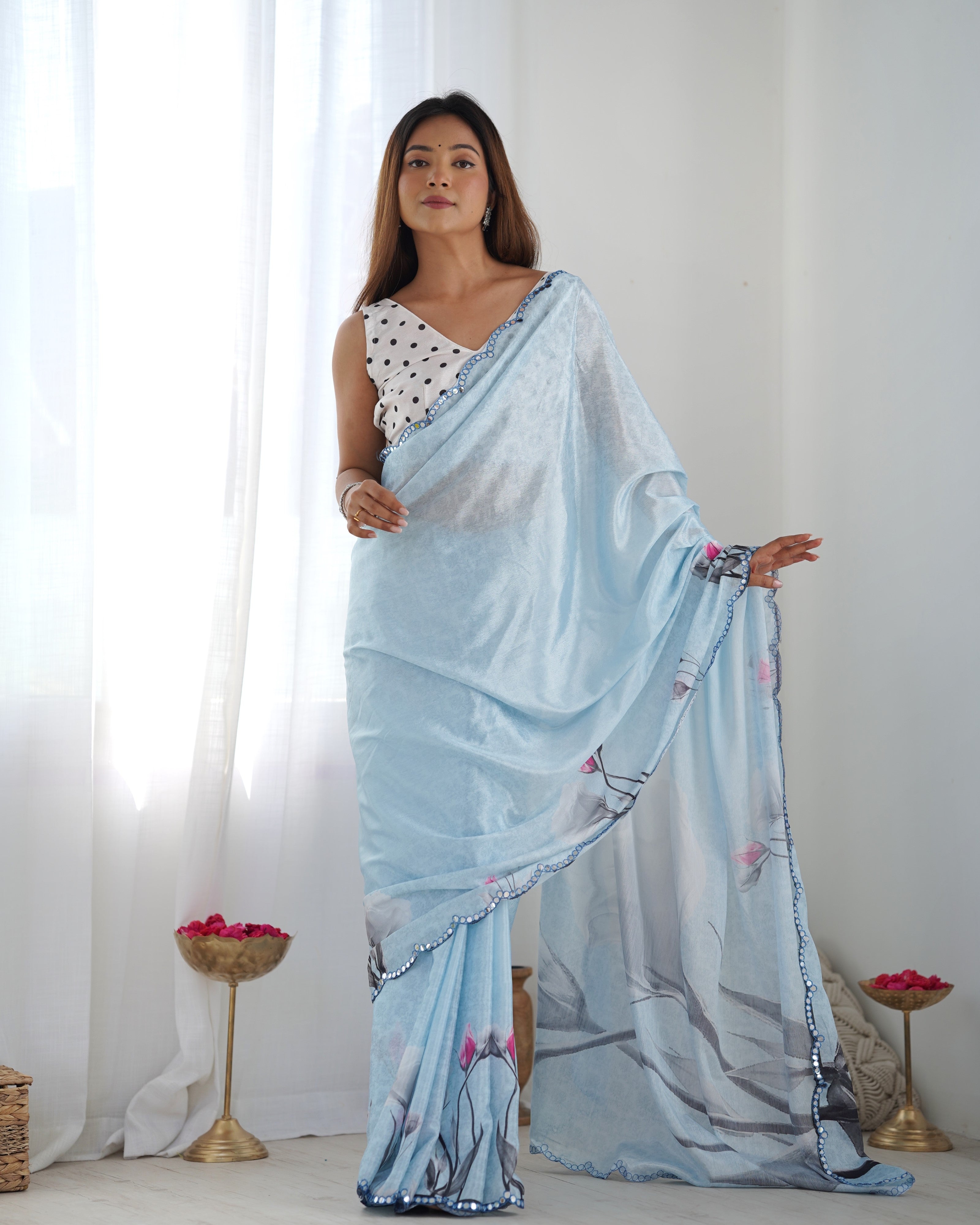 Digital Print With Beautiful Kutchi Work Mirror Lace Border Saree For Women