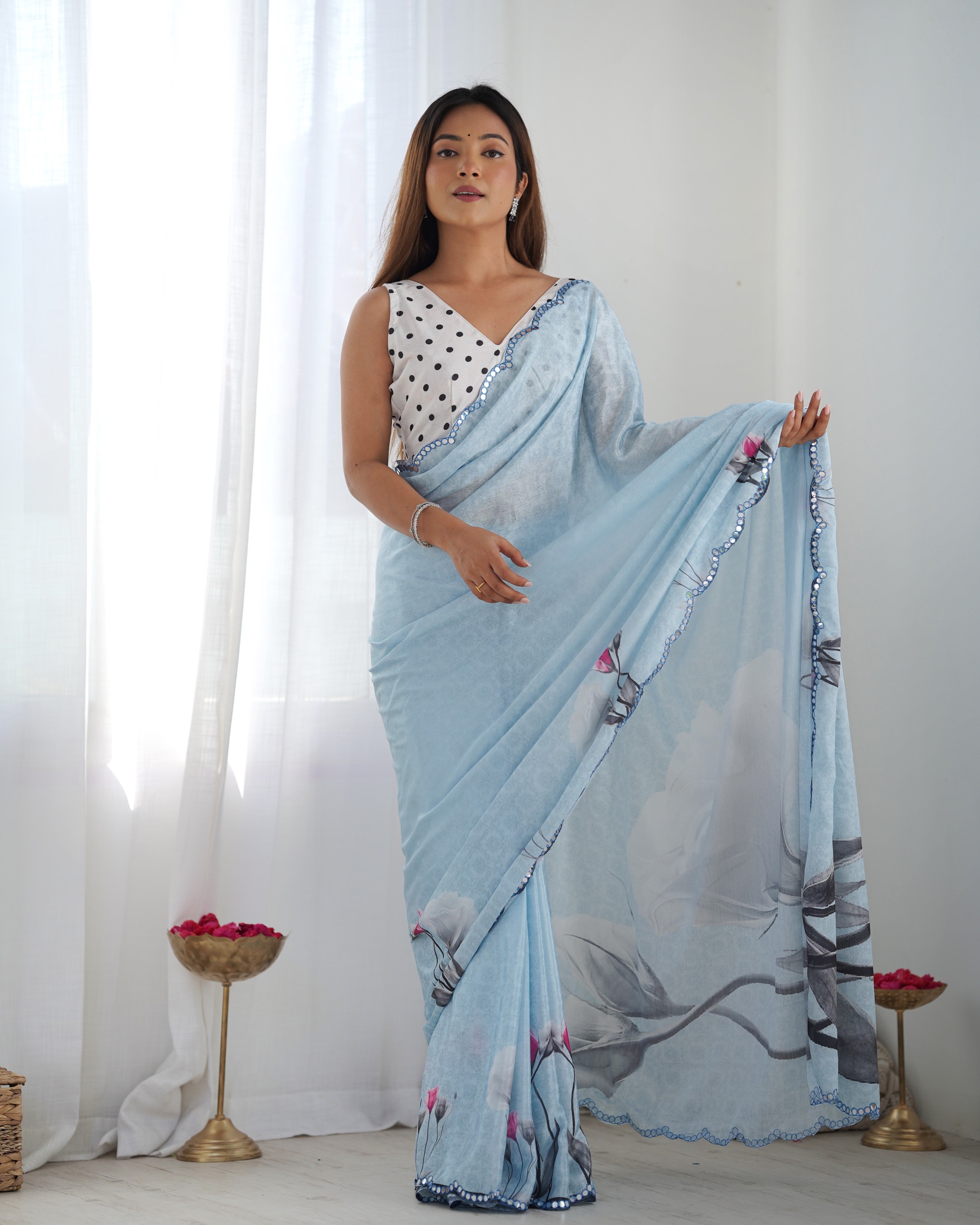 Digital Print With Beautiful Kutchi Work Mirror Lace Border Saree For Women