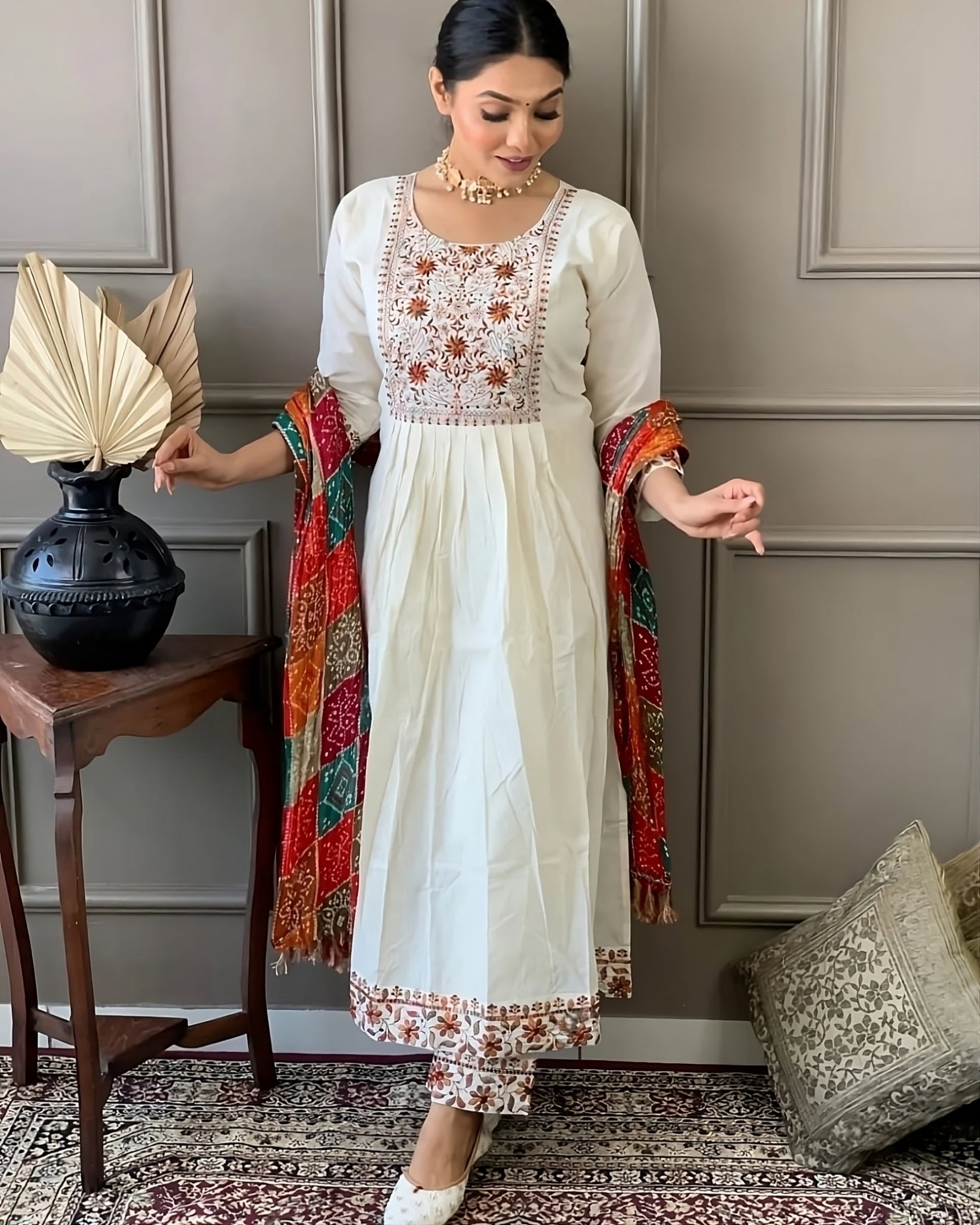 White Viscose Chanderi Kurta Set With Embroidery