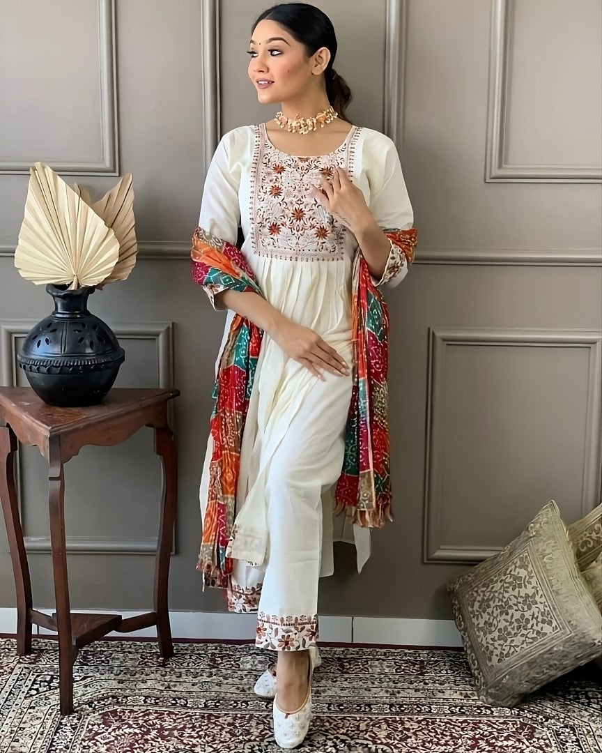 White Viscose Chanderi Kurta Set With Embroidery