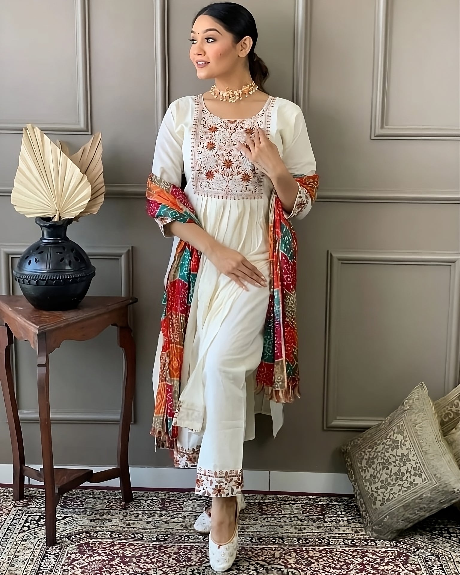 White Viscose Chanderi Kurta Set With Embroidery