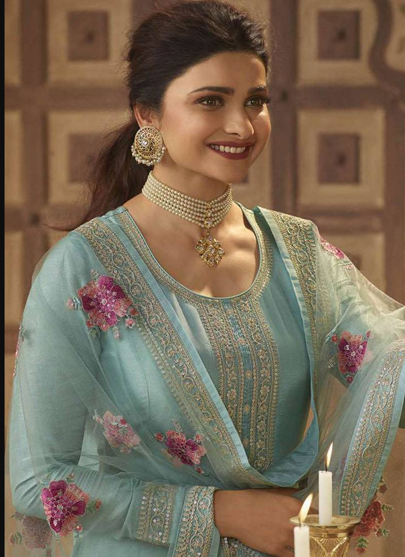 Sky Blue Prachi Desai Silk Anarkali Gown For Women Festive Wear