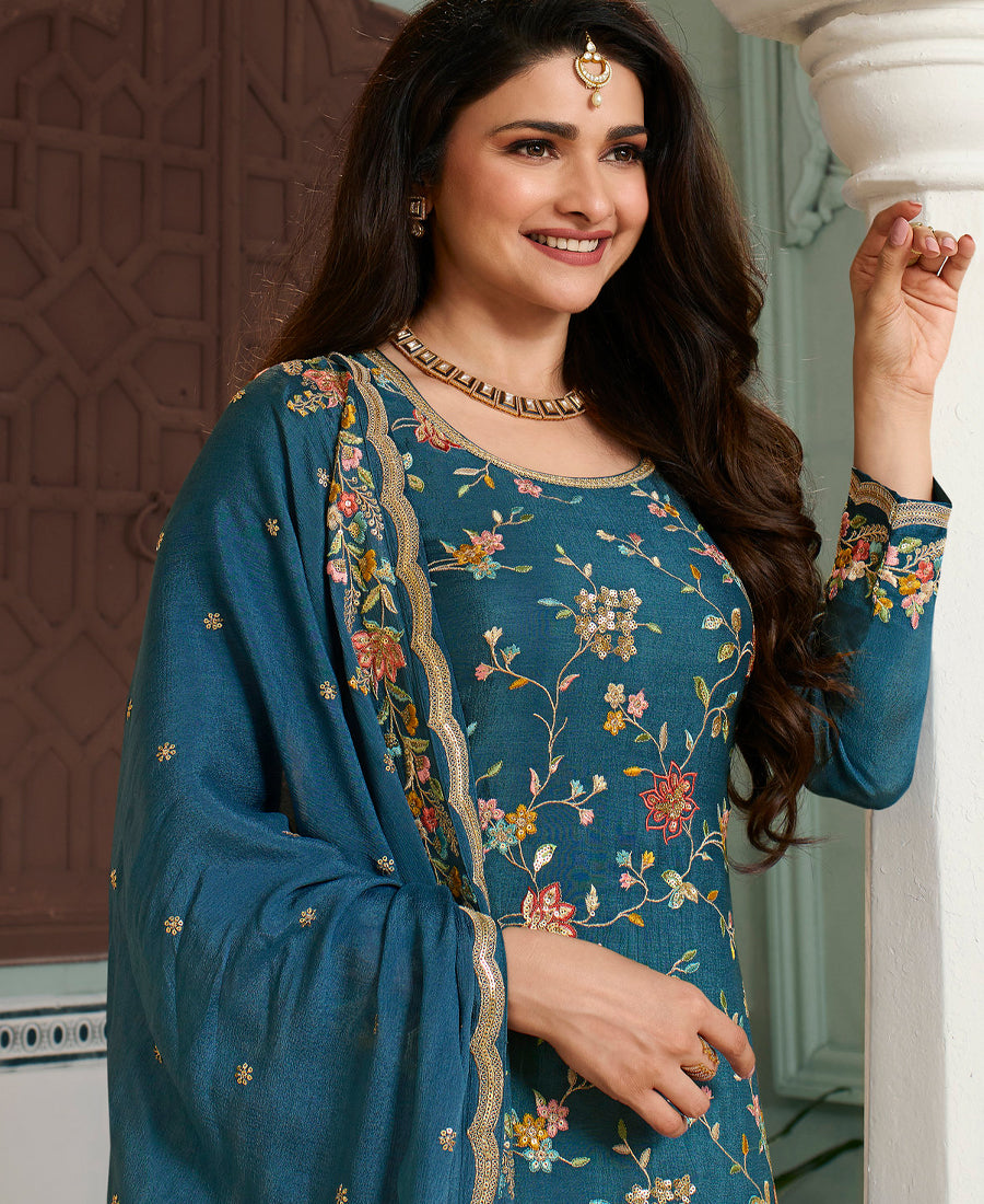 Fancy Baby Blue Chinon Silk Straight Suit With Palazzo