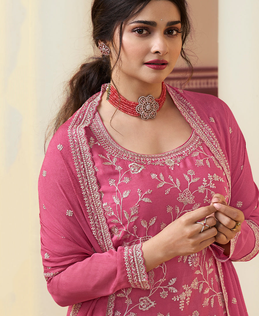 Designer Pink Festival Wear Chinon Straight Suit Collection