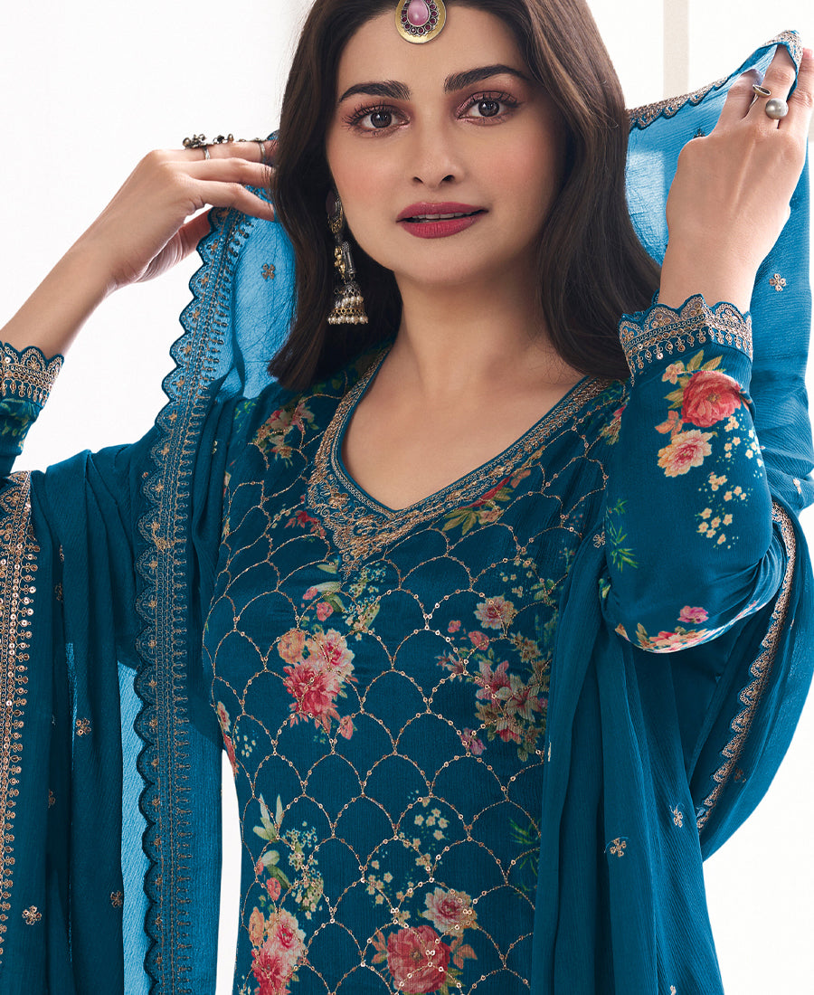 Prachi Desai'S Elegant Blue Floral Printed Straight Suit For Women Pakistani Style