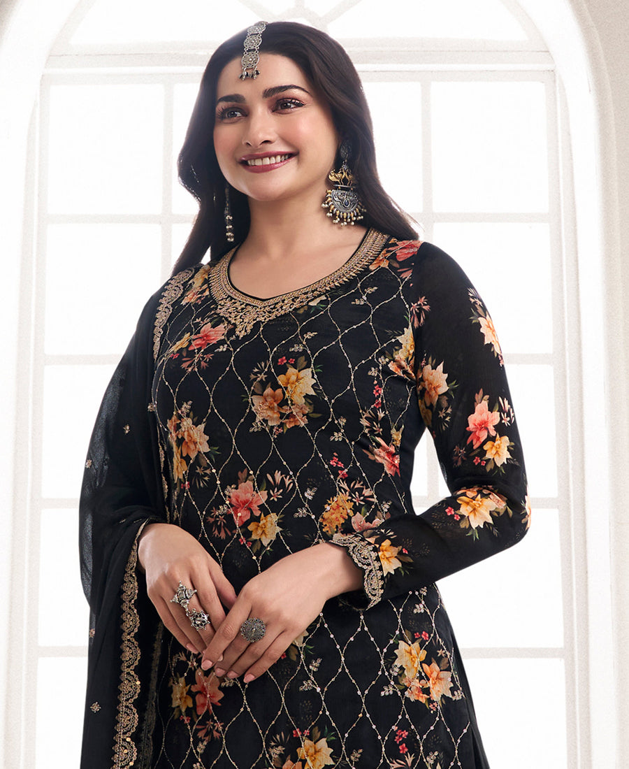 Prachi Desai'S Elegant Black Floral Printed Straight Suit For Women Pakistani Style