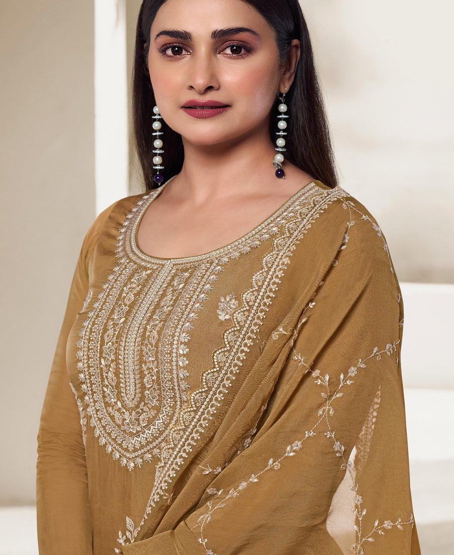 New Designer Mustard Organza Silk Straight Suit For Women