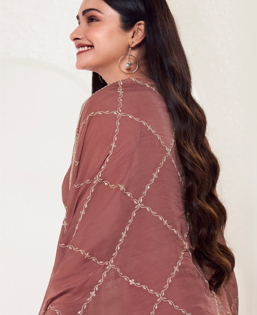 New Designer Peach Organza Silk Straight Suit For Women