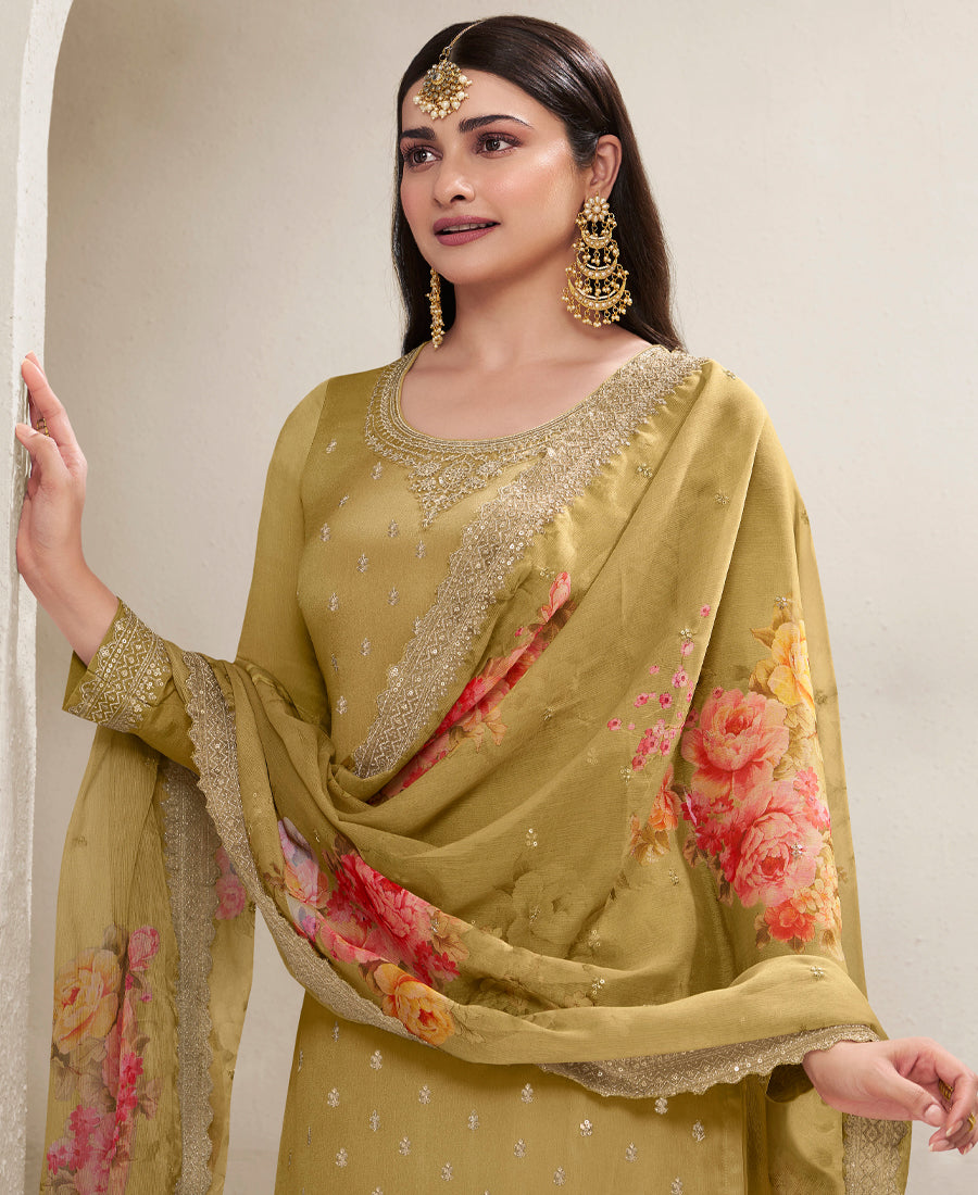 Designer Yellow Chifon Straight Suit For Women