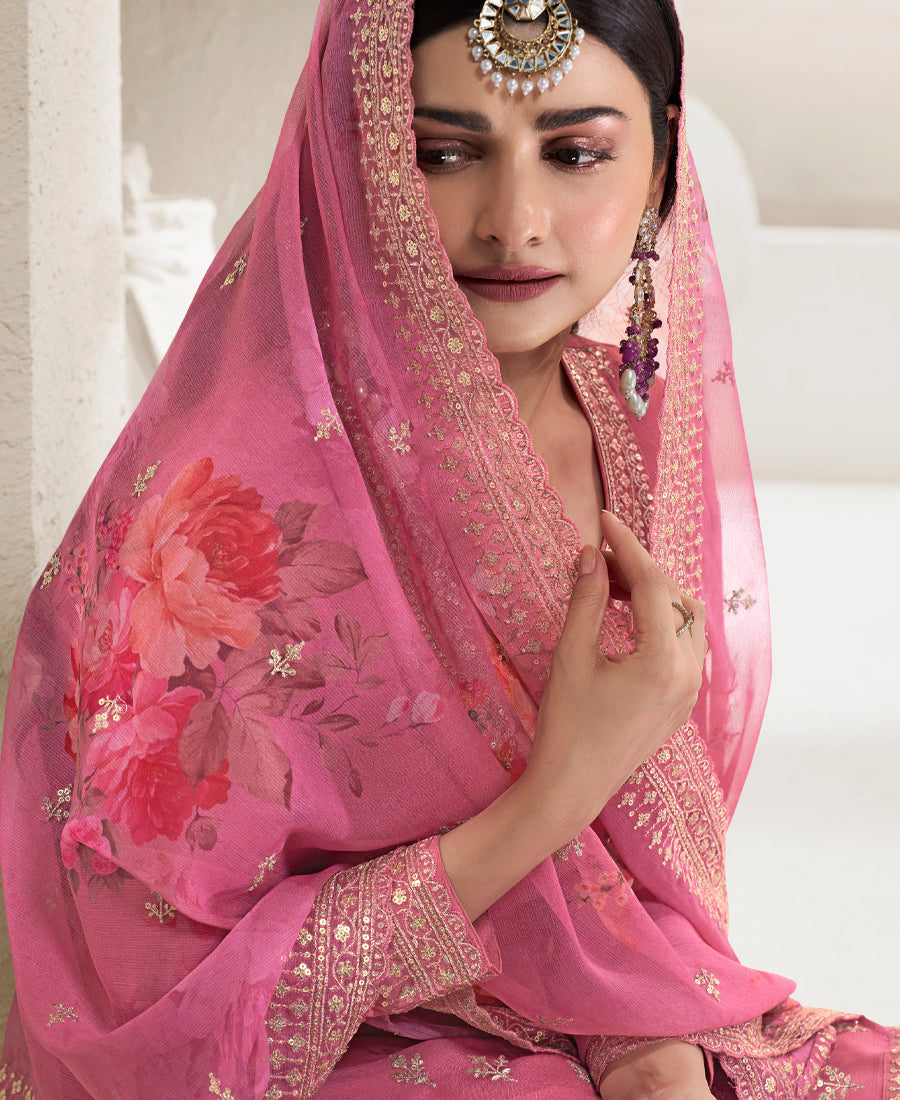 Designer Pink Chifon Straight Suit For Women