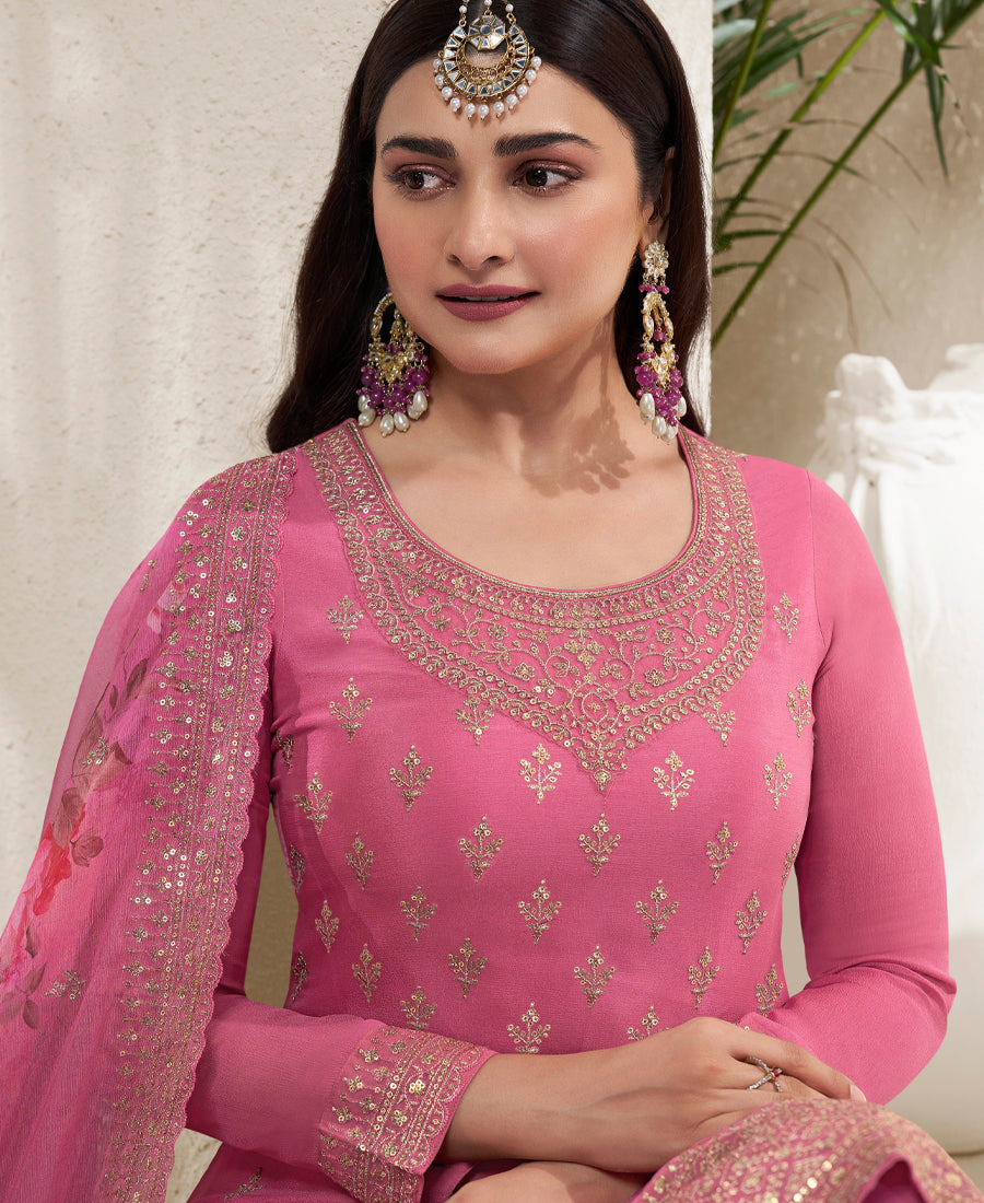 Designer Pink Chifon Straight Suit For Women