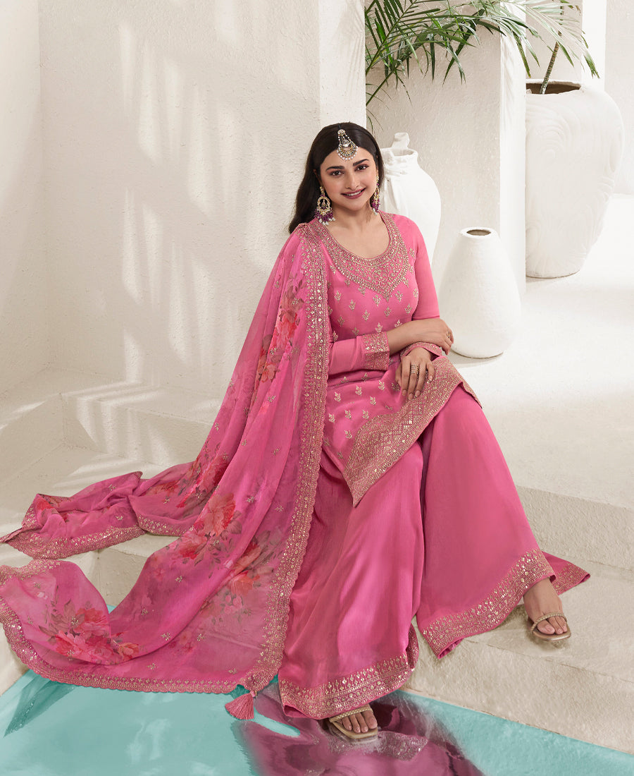Designer Pink Chifon Straight Suit For Women