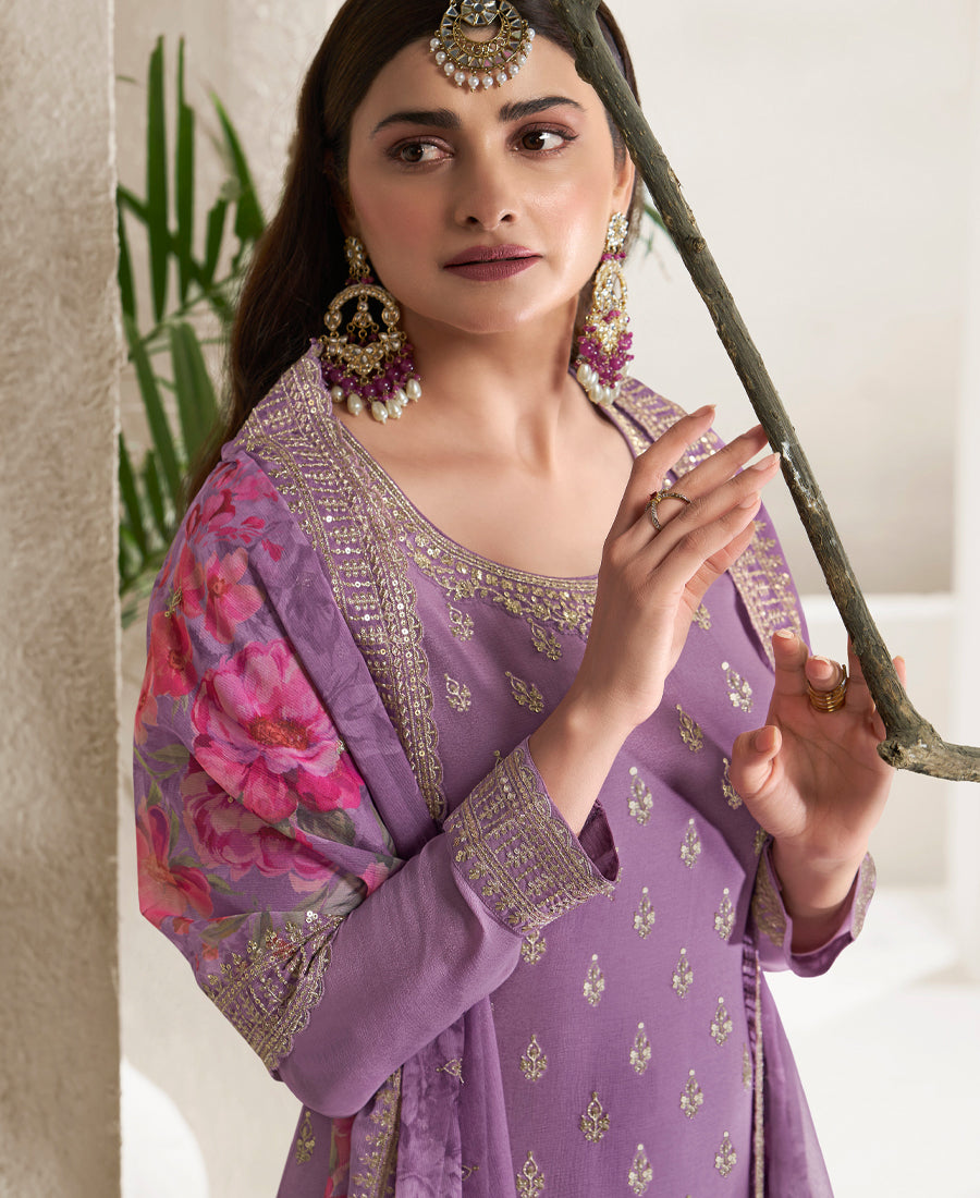 Designer Violet Chifon Straight Suit For Women