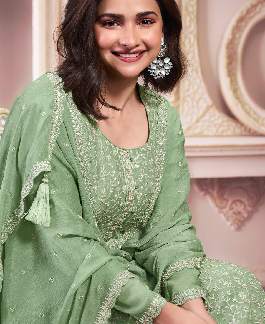 Pista Green Chinon Silk Straight Suit For Women
