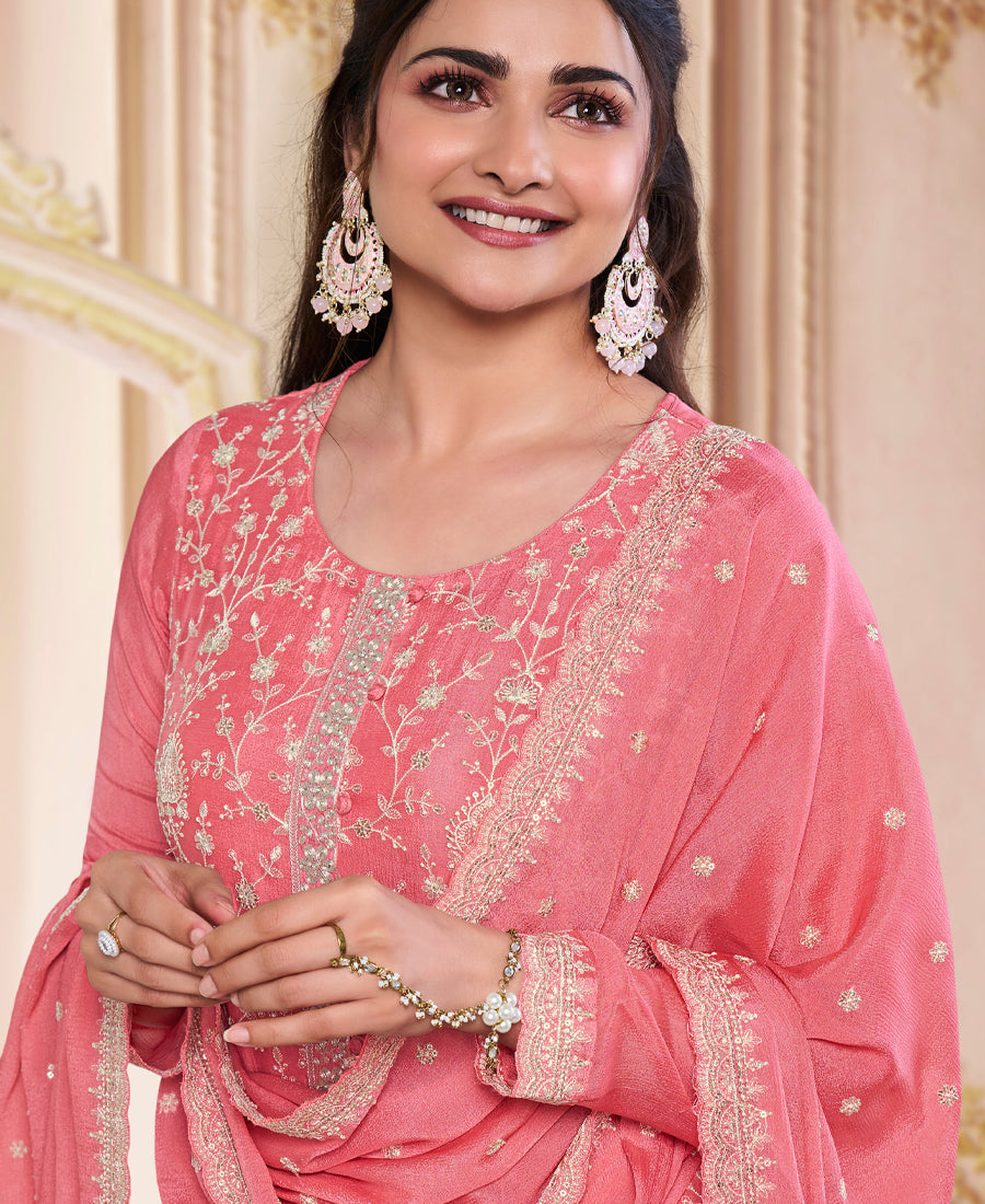 Peach Chinon Silk Straight Suit For Women