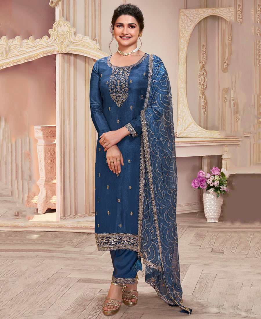 Latest Blue Georgette Straight Suit For Women Festive Wear