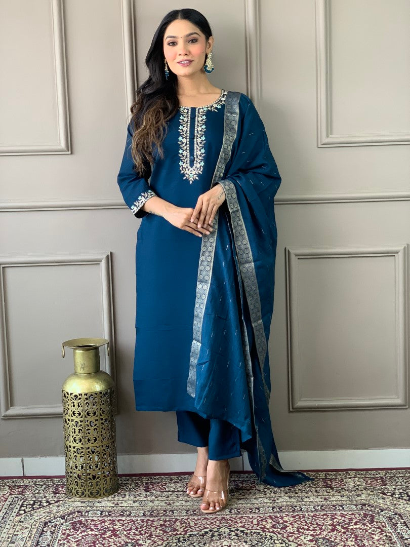 Blue Viscose Chanderi Kurta Set With Embroidery