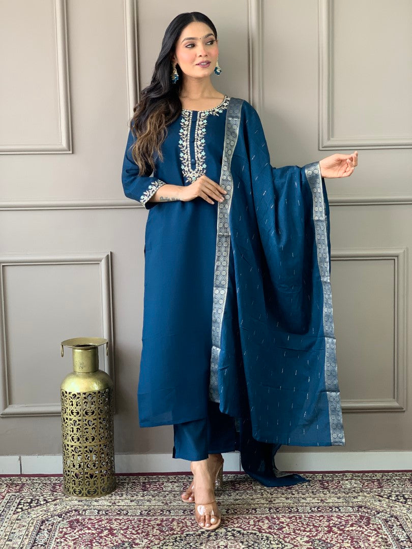 Blue Viscose Chanderi Kurta Set With Embroidery
