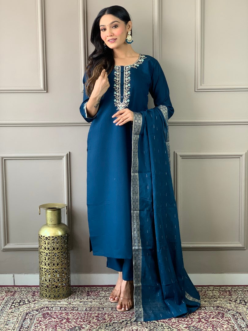 Blue Viscose Chanderi Kurta Set With Embroidery