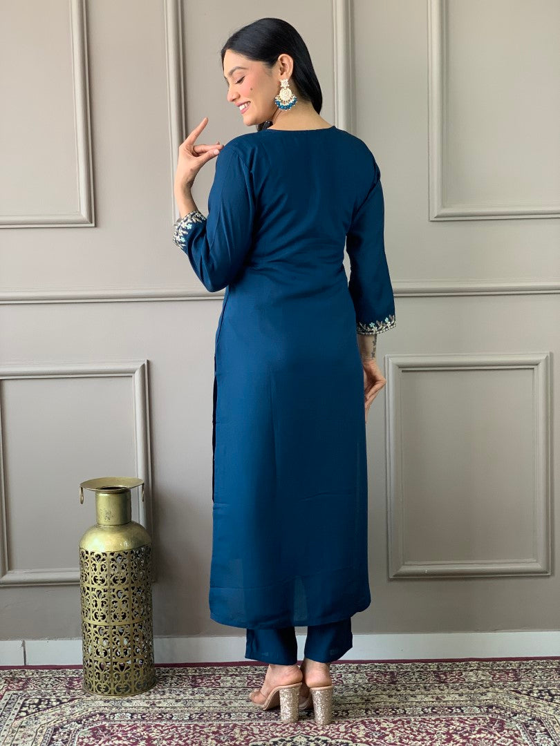 Blue Viscose Chanderi Kurta Set With Embroidery