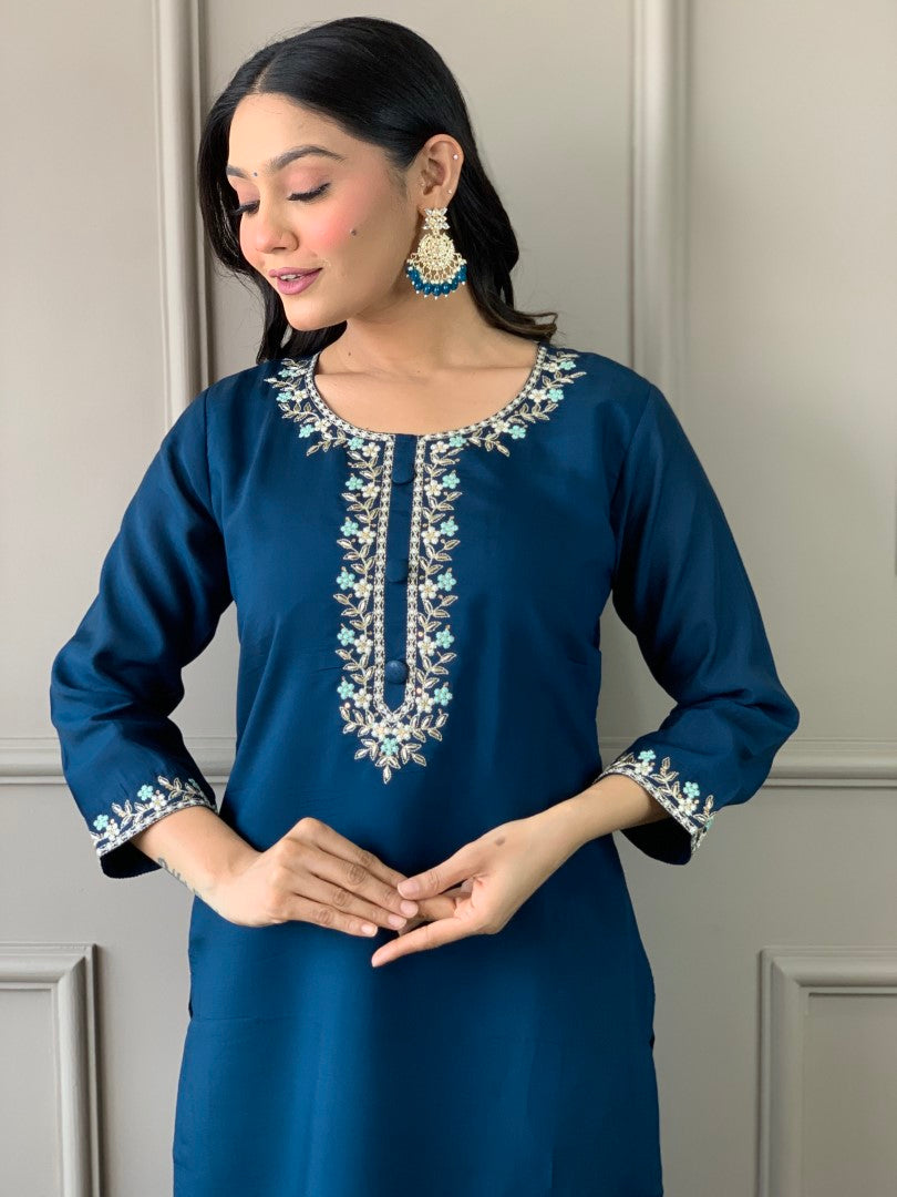 Blue Viscose Chanderi Kurta Set With Embroidery