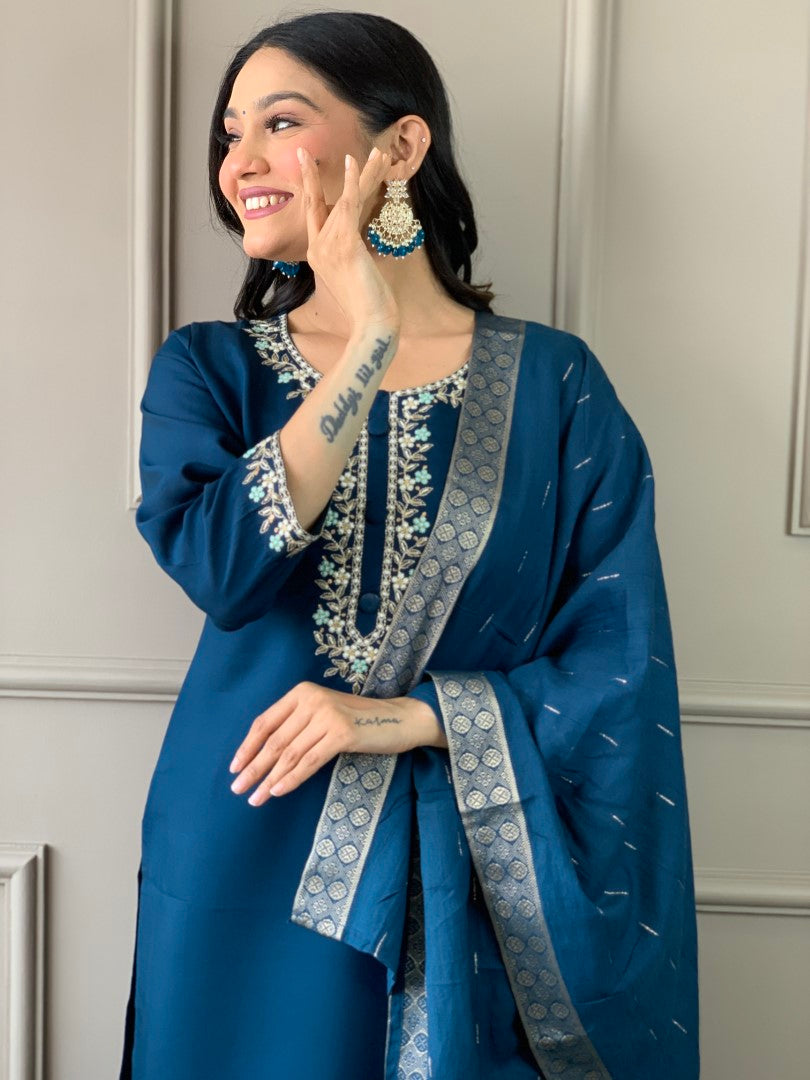 Blue Viscose Chanderi Kurta Set With Embroidery