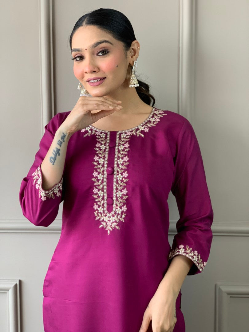 Pink Viscose Chanderi Kurta Set With Embroidery