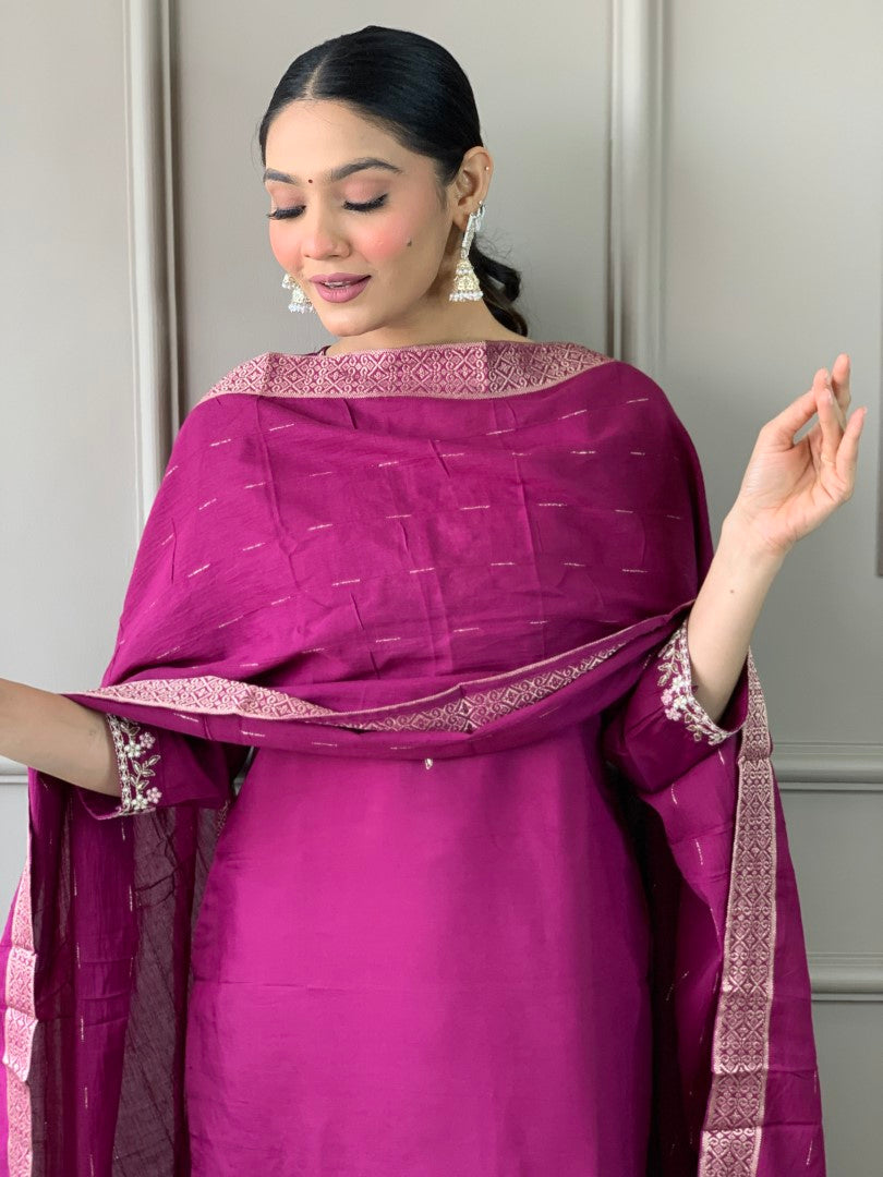 Pink Viscose Chanderi Kurta Set With Embroidery