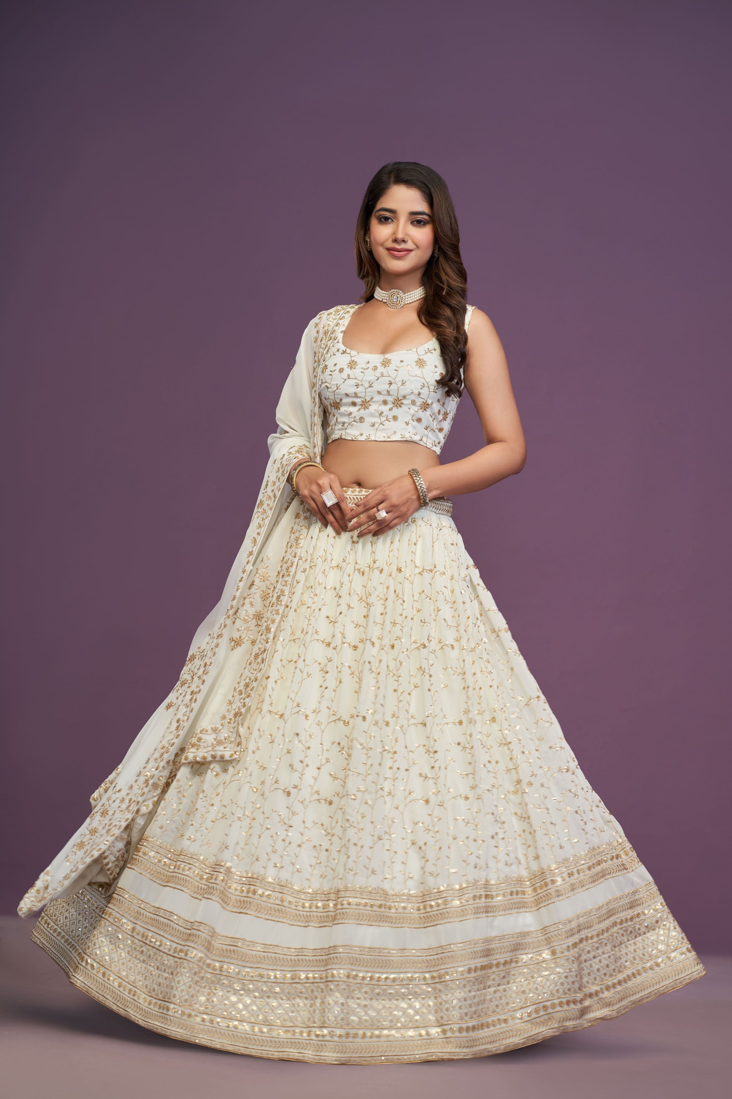 White Georgette zari Sequence Embroidery Work Lehenga Choli