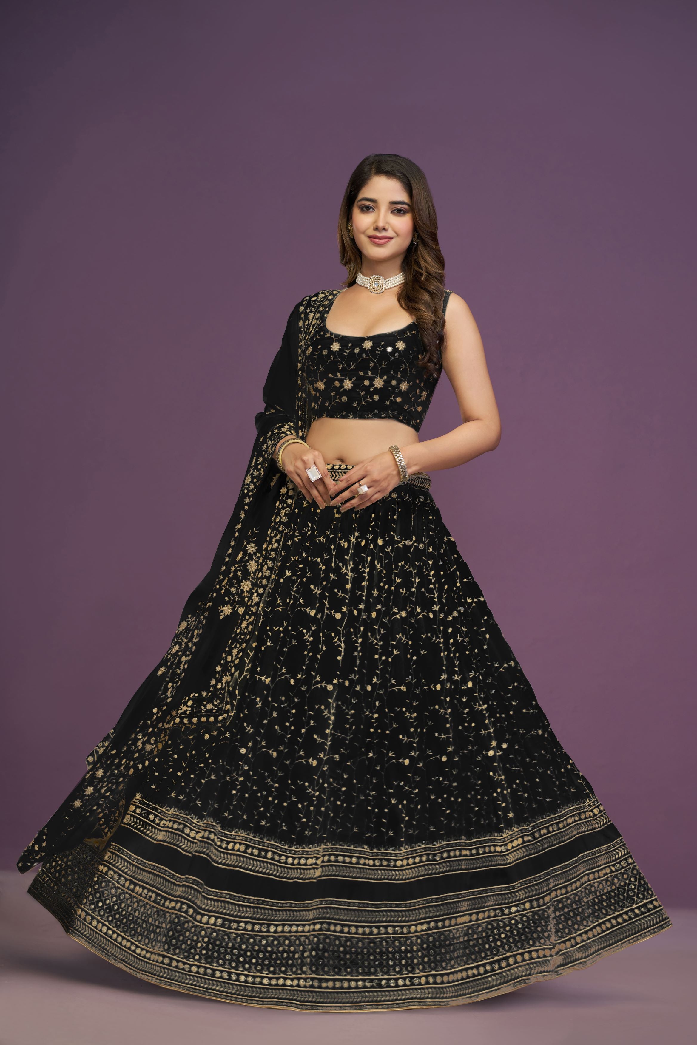 Black Georgette zari Sequence Embroidery Work Lehenga Choli