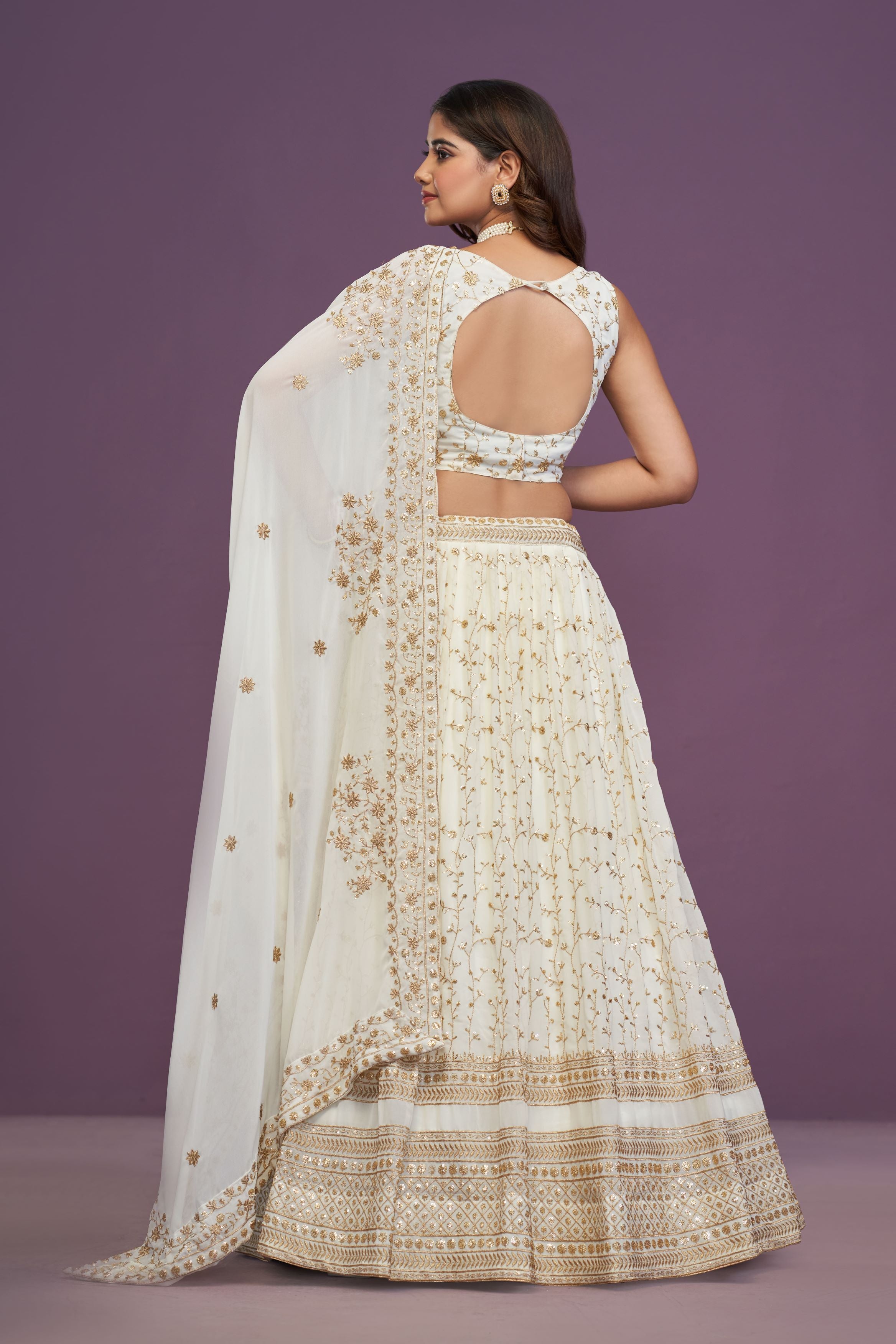 White Georgette zari Sequence Embroidery Work Lehenga Choli